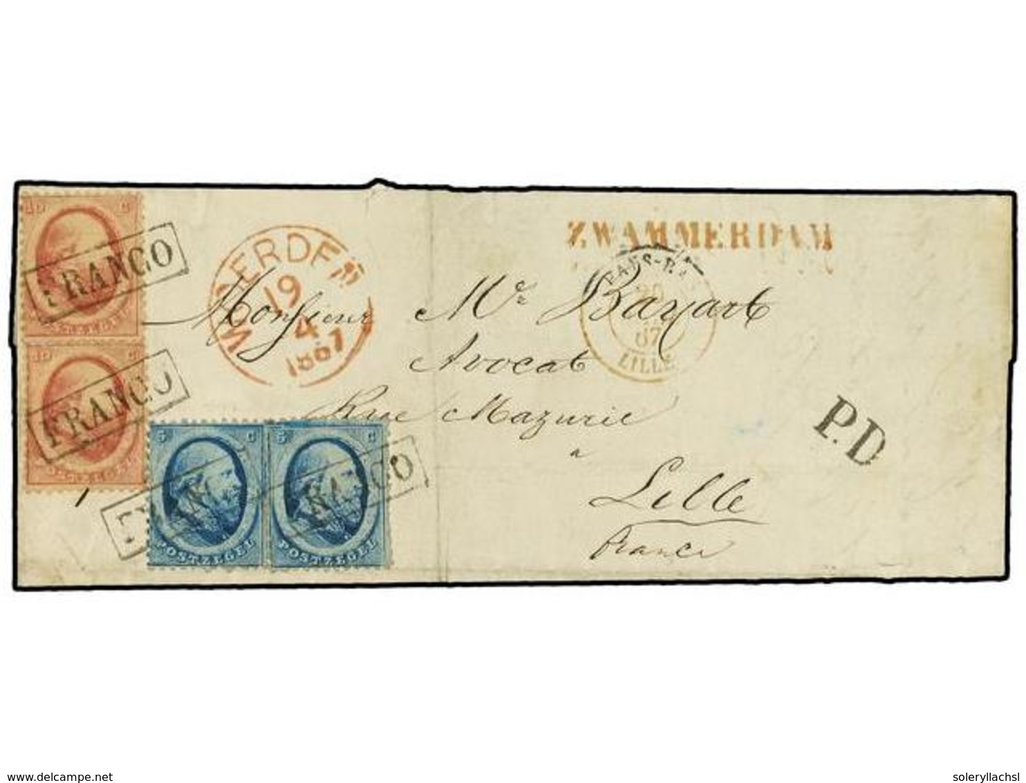 4339 HOLANDA. 1867 (April 19). Cover To Lille Franked By 1864 <B>5c</B>. Blue (2) And <B>10c</B>. Carmine (2) Tied By Bo - Sonstige & Ohne Zuordnung