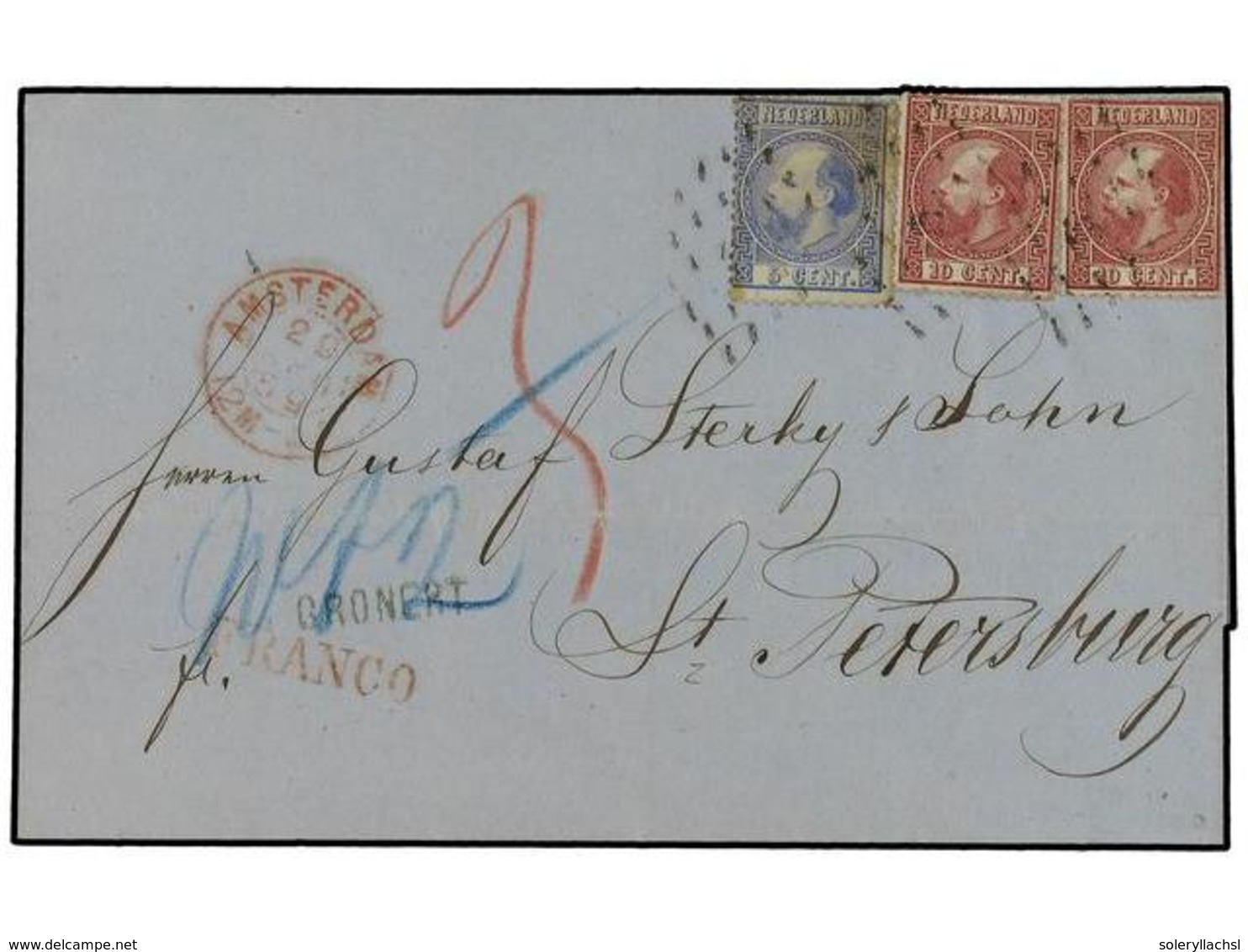 4340 HOLANDA. 1869 (April 29). Cover From Amsterdam To St. Petersburg/Russia Bearing 1867 <B>5c</B>. Blue And Two <B>10c - Sonstige & Ohne Zuordnung
