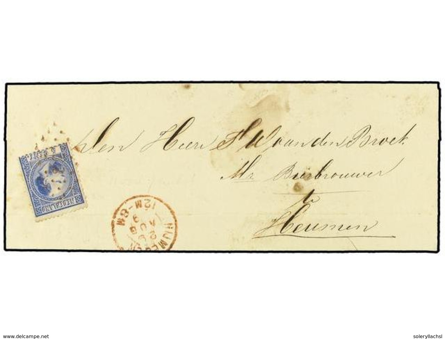 4341 HOLANDA. 1869 (Aug 29). Entire Letter From NIJMEGEN Franked By Single 1867 <B>5 C.</B> Bright Ultramarine Tied By R - Autres & Non Classés