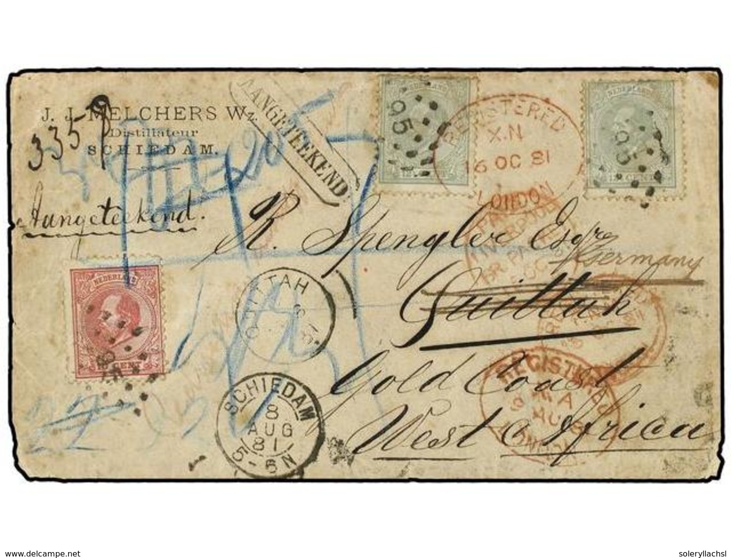 4343 HOLANDA. 1881 (Aug 8). Registered Cover From SCHIEDAM To QUITTAH (GOLD COAST); Franked By 1872-88 <B>10c.</B> Carmi - Sonstige & Ohne Zuordnung