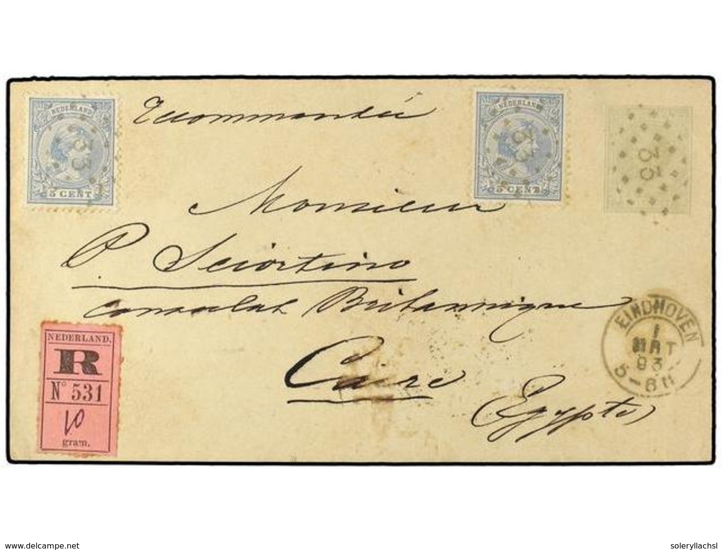 4345 HOLANDA. 1893. <B>12 1/2 C.</B> Grey Stationery Envelope Sent Registered To CAIRO Franked Additionally With Two 189 - Sonstige & Ohne Zuordnung