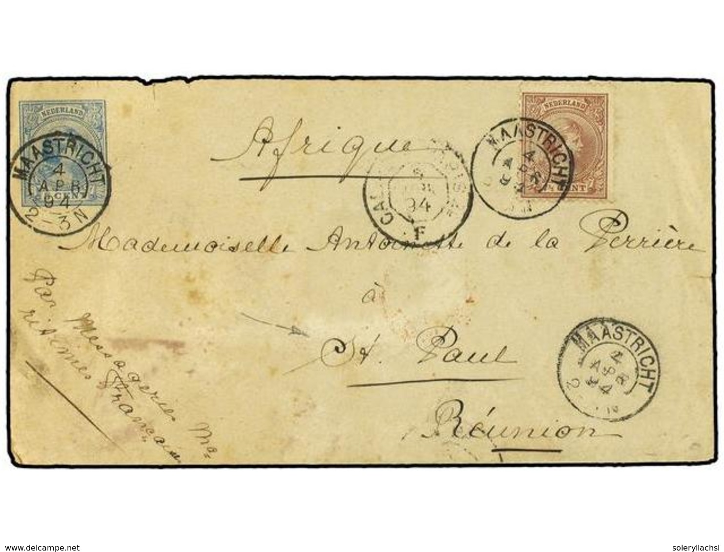 4347 HOLANDA. 1894 (April 4). Cover From Maastricht To St. Paul, Reunion At <B>12½ Cent</B> Rate With 1891-94 <B>5c</B>  - Sonstige & Ohne Zuordnung