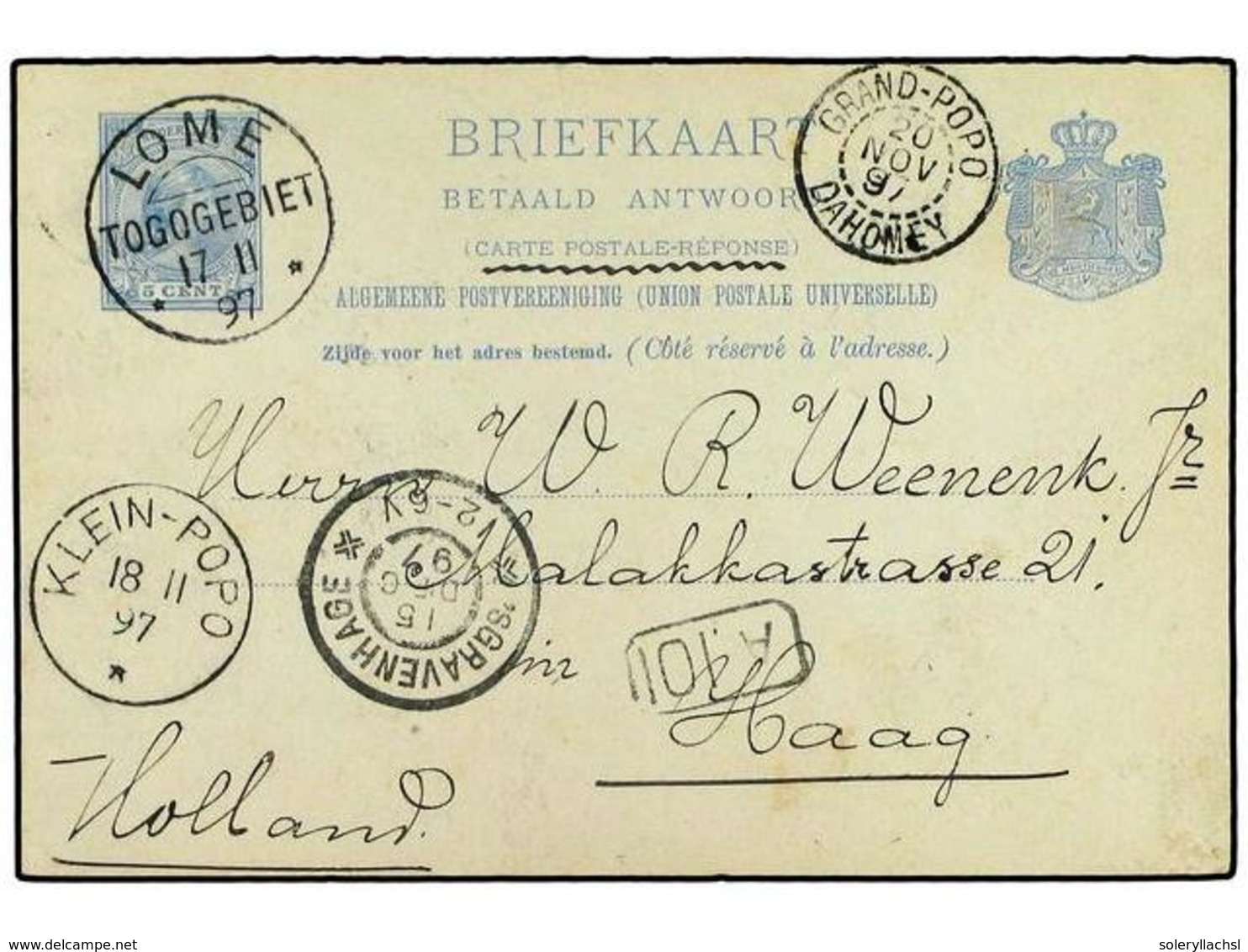 4349 HOLANDA. 1897. Reply Half Of NETHERLANDS <B>5 C.</B> Stationery Card, Sent From TOGO To HOLLAND. Front Shows <B>LOM - Other & Unclassified