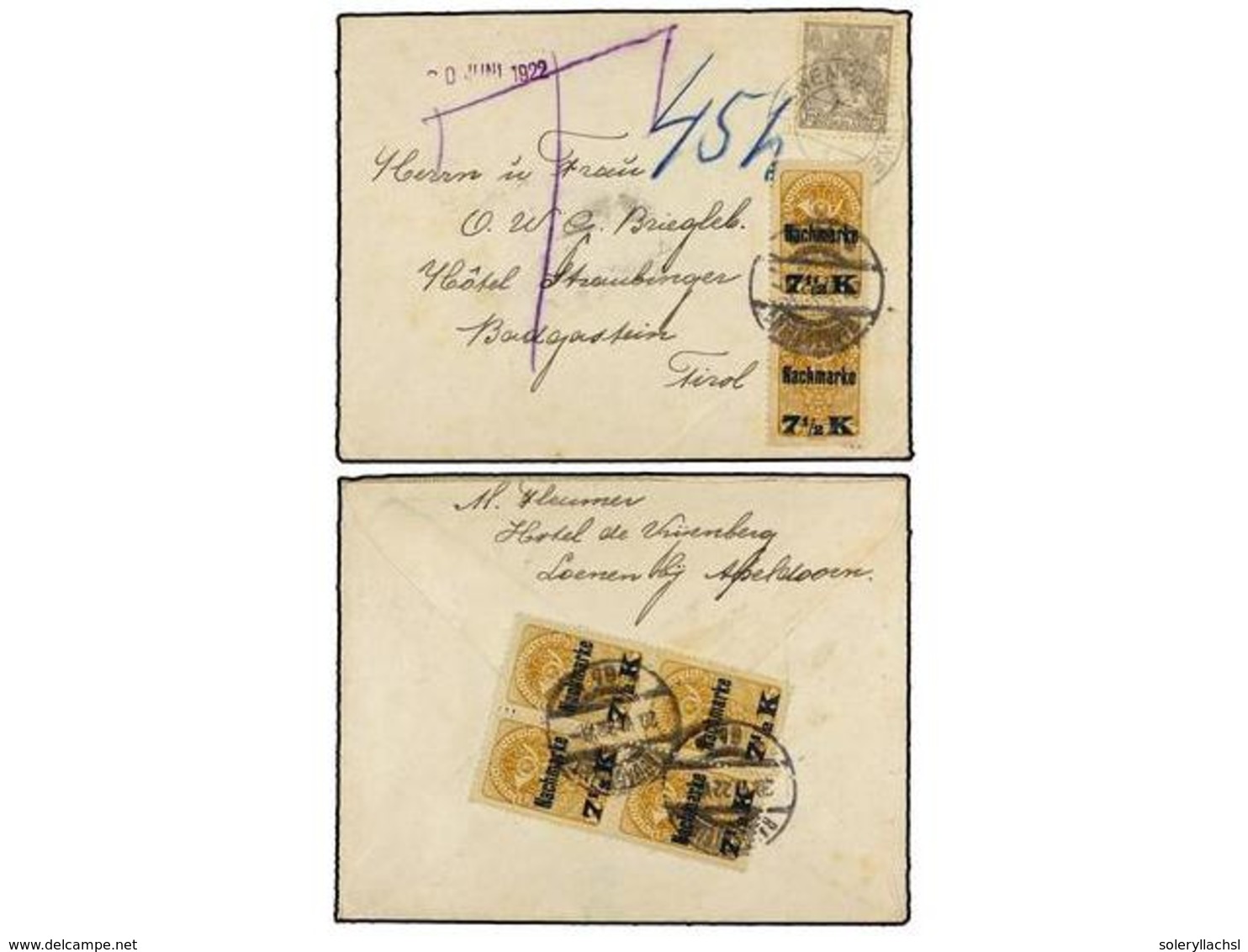 4351 HOLANDA. 1922. LOENEN To AUSTRIA. <B>10 Cts. </B>grey, Taxed On Arrival With Austrian <B>7 1/2 Kr. </B>yellow Brown - Other & Unclassified
