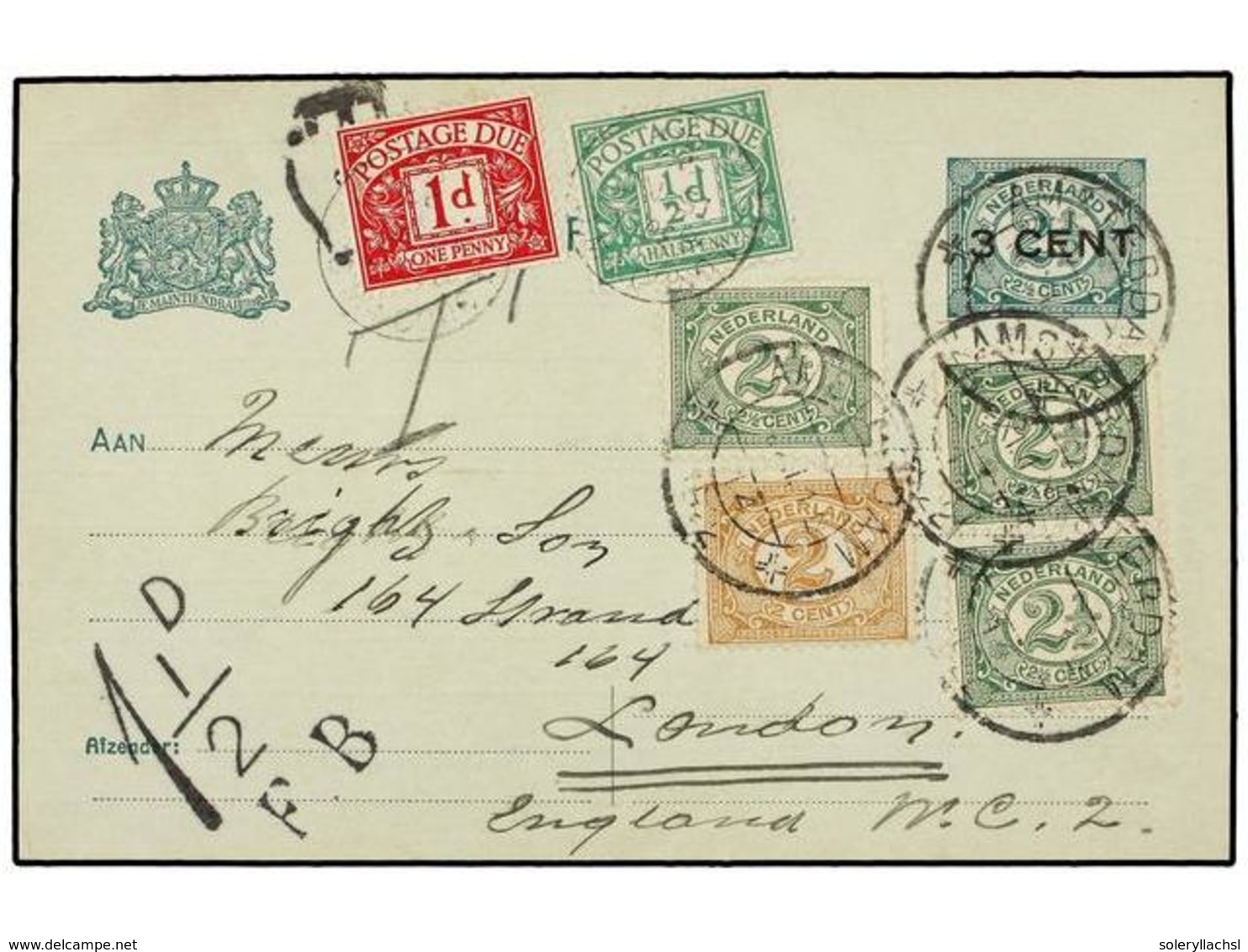 4352 HOLANDA. 1922. AMSTERDAM To LONDON. <B>3 Cent. </B>on <B>2 1/2 Cent.</B> Green Postal Stationary Card Uprated With  - Other & Unclassified