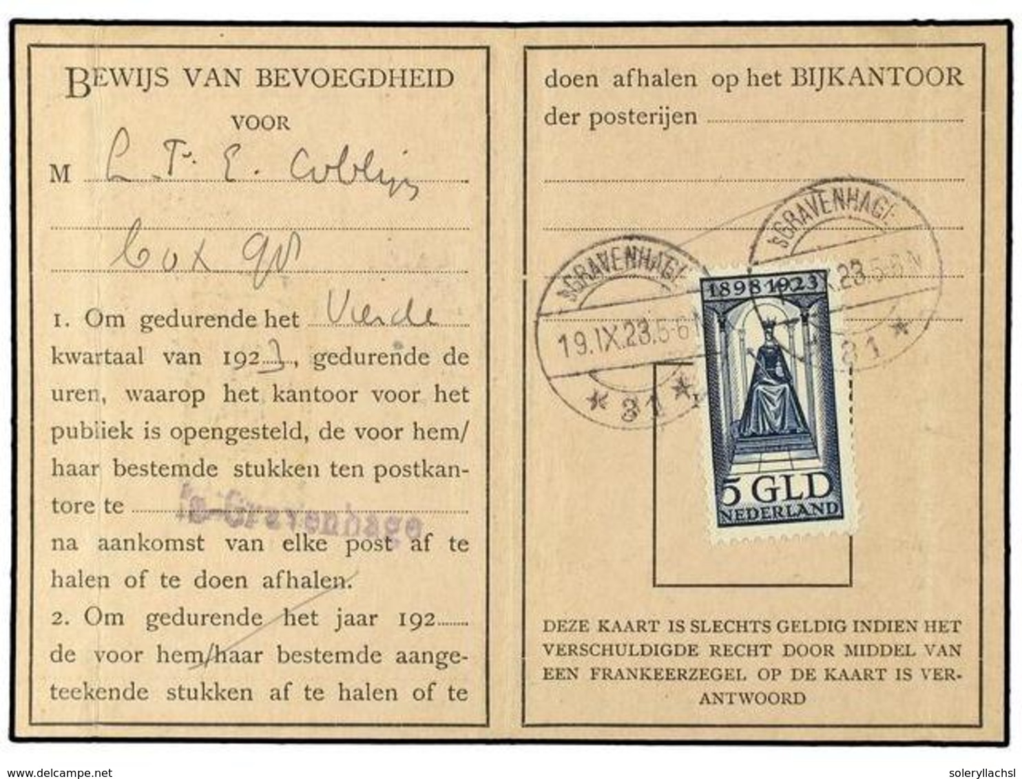 4355 HOLANDA. 1923 (Sept 19). Kantoor Addvice Booklet Franked With Scarce 1923 Top Value <B>5 G.</B> Dark Blue Tied By < - Other & Unclassified