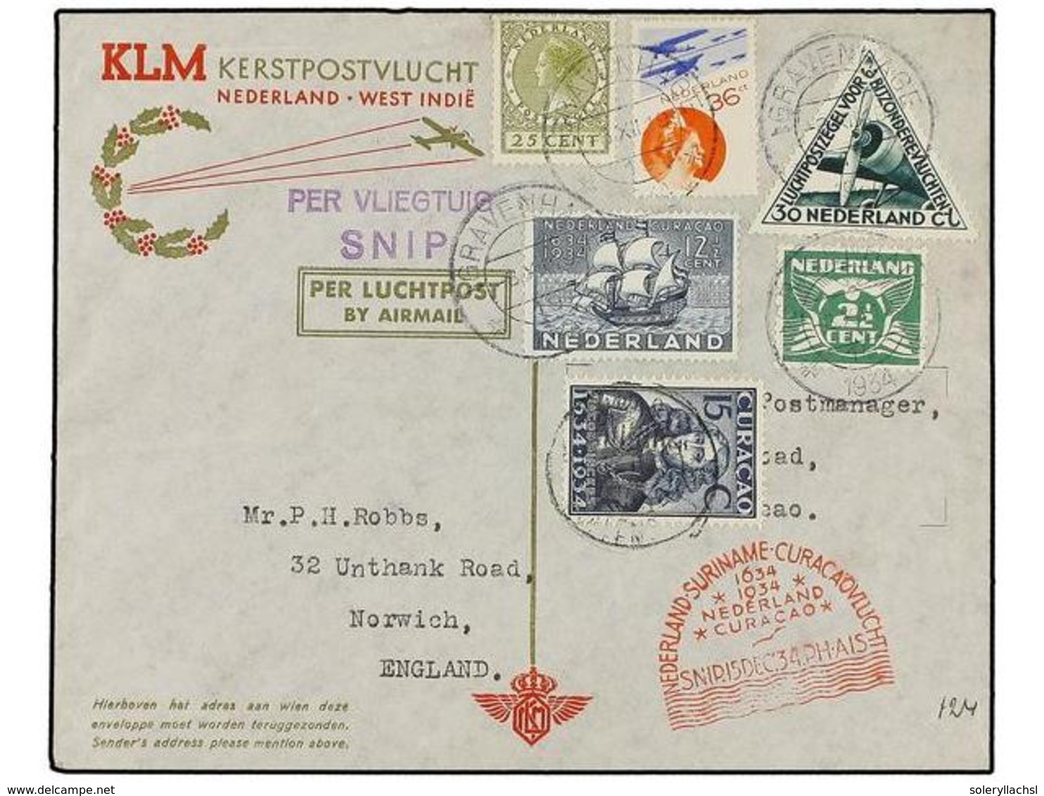 4356 HOLANDA. 1934 (8-X). GRAVENHAGE To CURAÇAO. <B>FIRST FLIGHT</B> Redirected To England With Curaçao <B>15 Cts.</B> B - Sonstige & Ohne Zuordnung