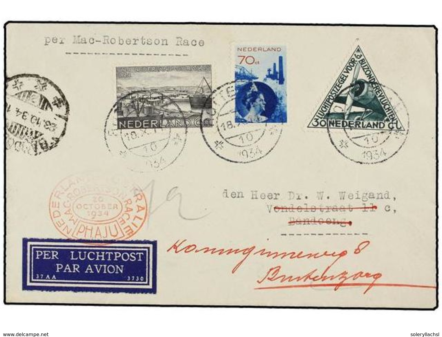 4357 HOLANDA. 1934 (18-X). ROTTERDAM A BANDOONG (Indonesia). Primer Vuelo <B>MAC-ROBERTSON RACE</B> En Color Rojo, Llega - Sonstige & Ohne Zuordnung