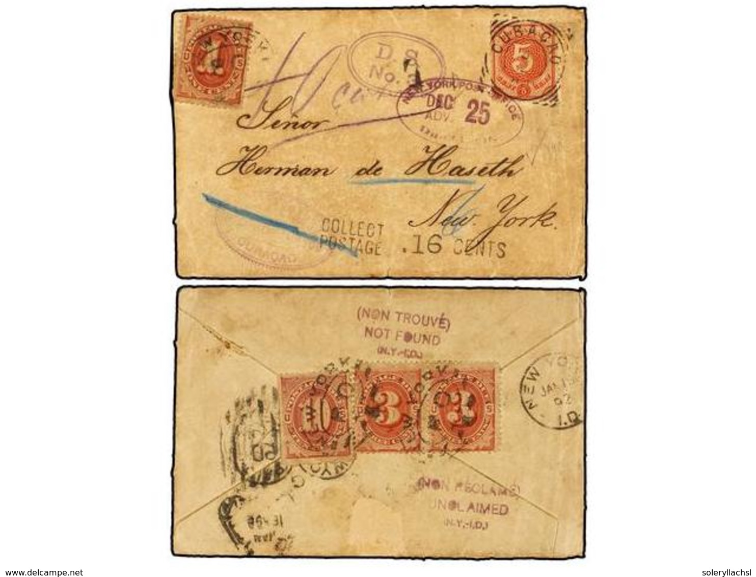 4360 CURACAO. 1892. CURAÇAO To NEW YORK. <B>5 Cent.</B> Red, Taxed On Arrival With USA <B>1 Ctvo., 3 Ctvos. </B>(2) And  - Sonstige & Ohne Zuordnung