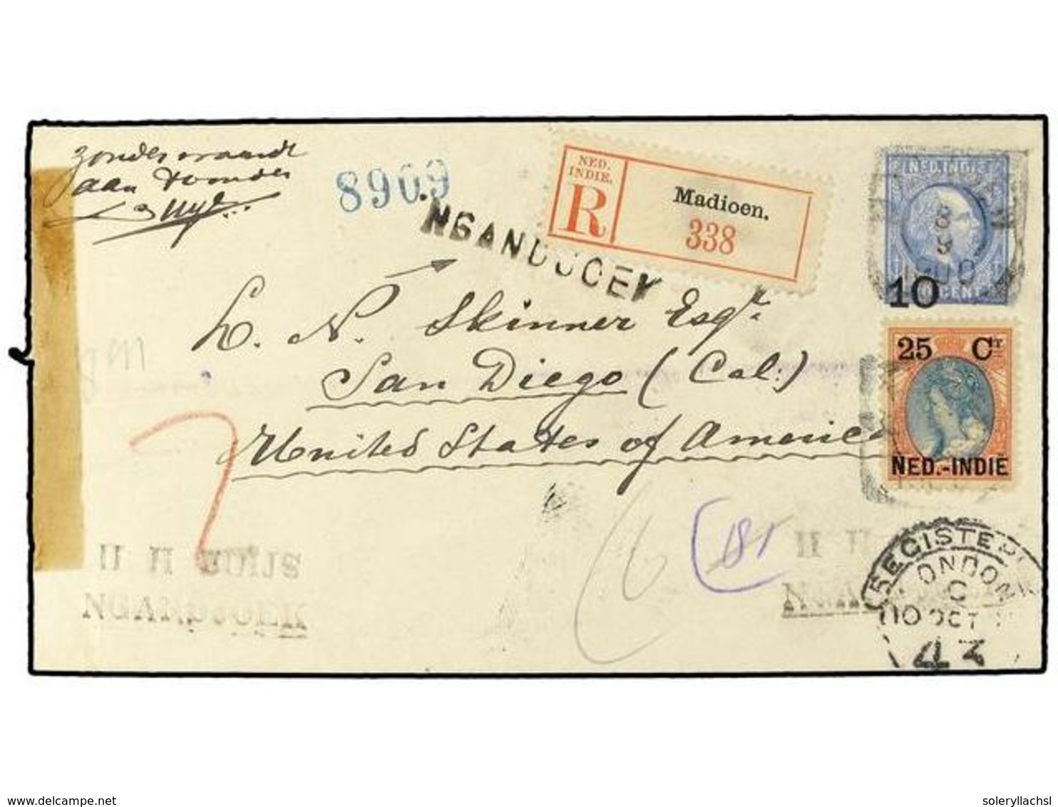 4368 INDIA HOLANDESA. 1900. <B>10 C. On 20 C.</B> Blue Stationery Envelope Sent Registered To USA With 1900 <B>25 On 25  - Other & Unclassified