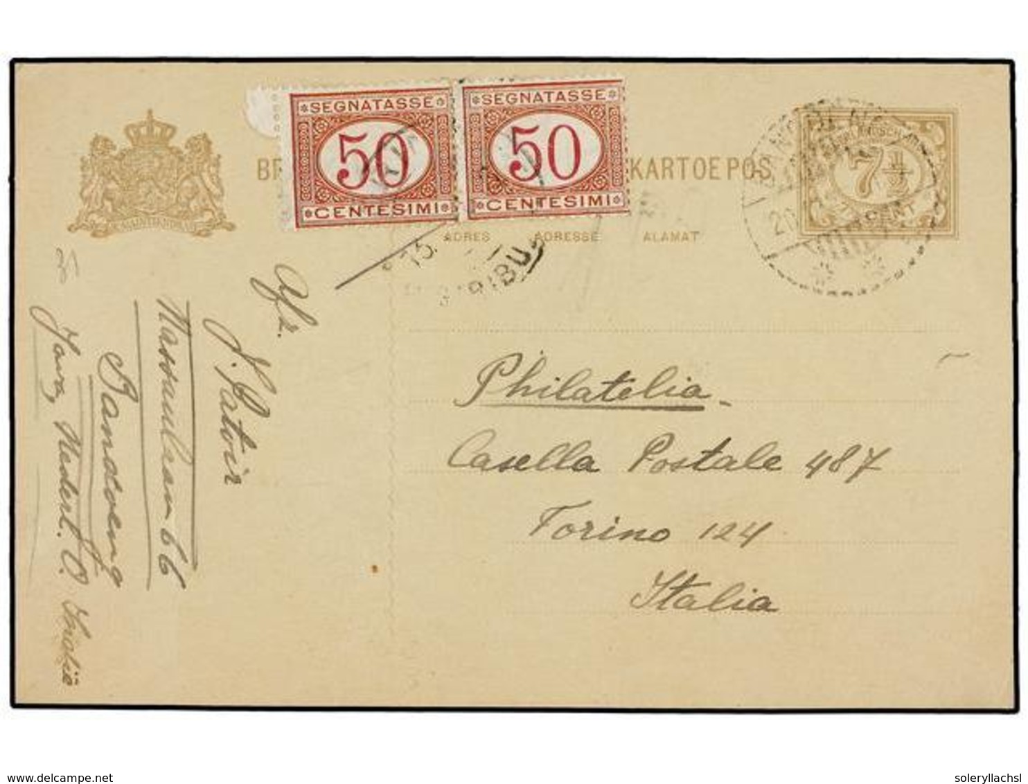 4370 INDIA HOLANDESA. 1927. BANDOENG To ITALY. <B>7 1/2 Cent. </B>brown Postal Stationary Card, Taxed On Arrival With It - Sonstige & Ohne Zuordnung