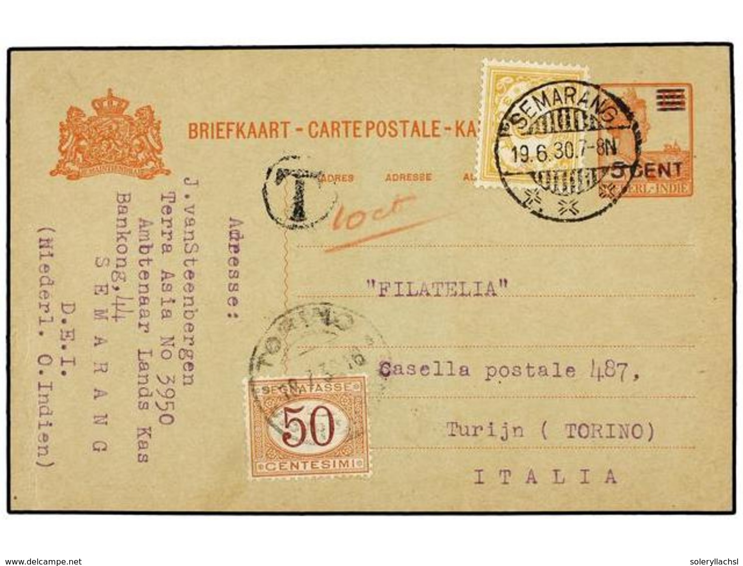 4373 INDIA HOLANDESA. 1930. SEMARANG To ITALY. <B>5 Cent. On 12 1/2 Cts. </B>red Postal Stationary Card Uprated With <B> - Sonstige & Ohne Zuordnung