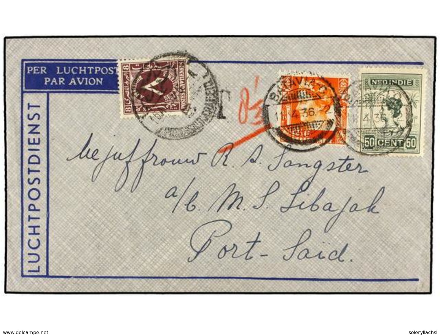 4374 INDIA HOLANDESA. 1936. BATAVIA To PORT SAID (Egypt). <B>12 1/2 Cts.</B> Orange And <B>50 Cts. </B>green, Taxed On A - Other & Unclassified