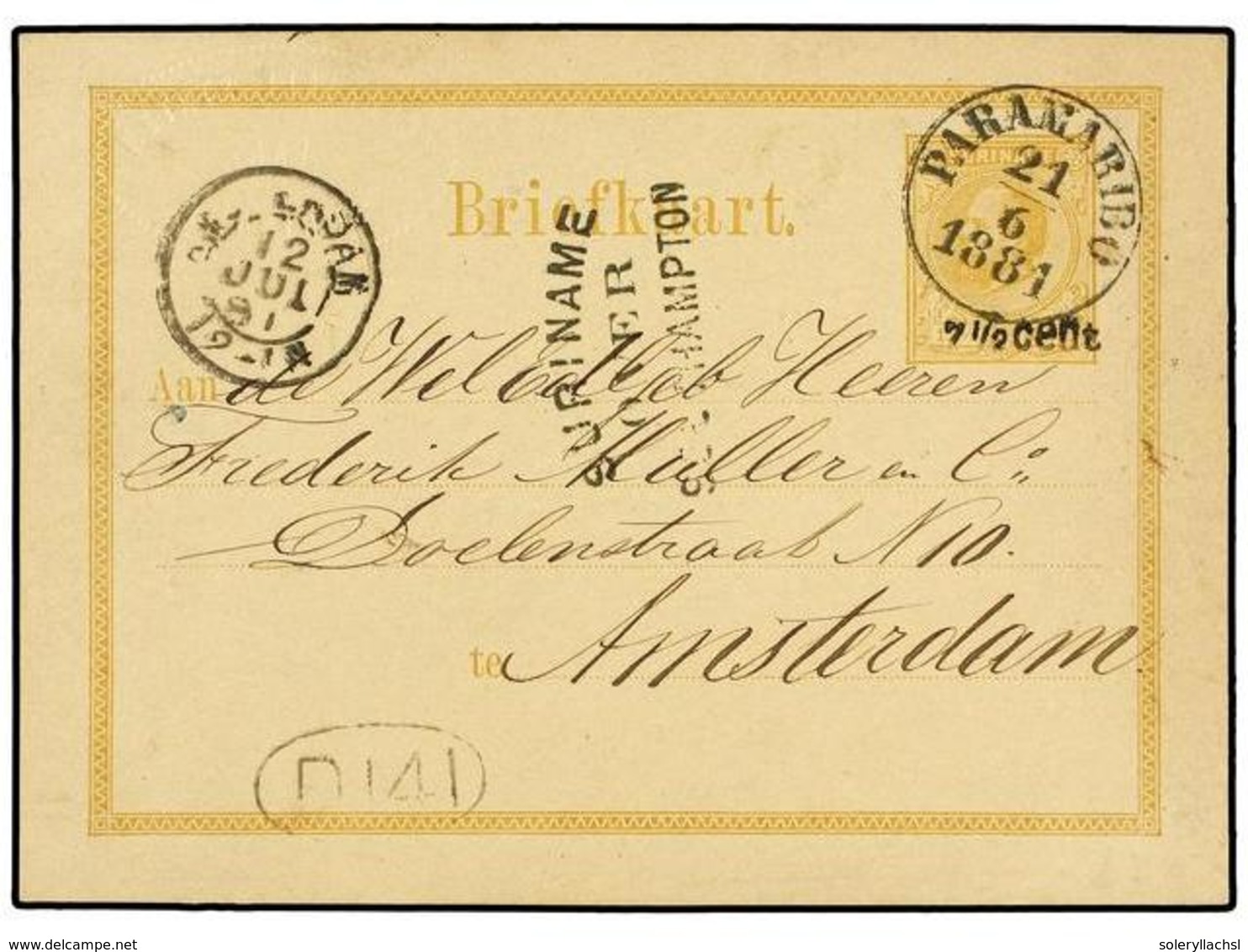 4377 SURINAM. 1881. PARAMARIBO A AMSTERDAM. Entero Postal De <B>7 1/2 Cent. S. 12 1/2 Cts.</B> Bistre, Marca<B> SURINAME - Other & Unclassified