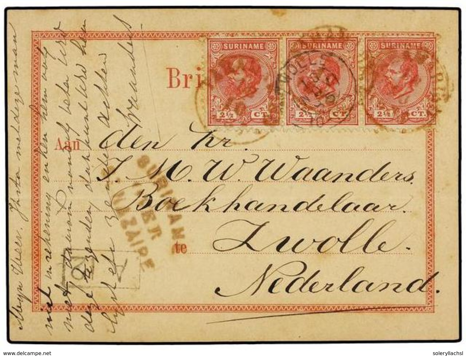 4378 SURINAM. 1885 (18 Octubre). PARAMARIBO A HOLANDA. Tarjeta Con Franqueo De <B>2 1/2 Cts.</B> Rosa Tira De Tres, Marc - Other & Unclassified