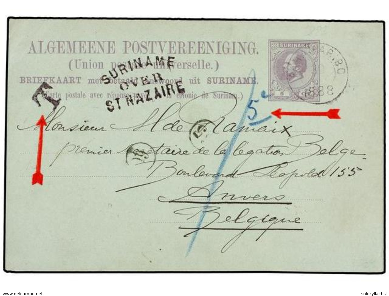 4379 SURINAM. 1888. PARAMARIBO A BÉLGICA. Entero Postal Doble <B>5 Cts. + 5 Cts.</B> Circulado A La Ida. Tasada Con <B>5 - Autres & Non Classés