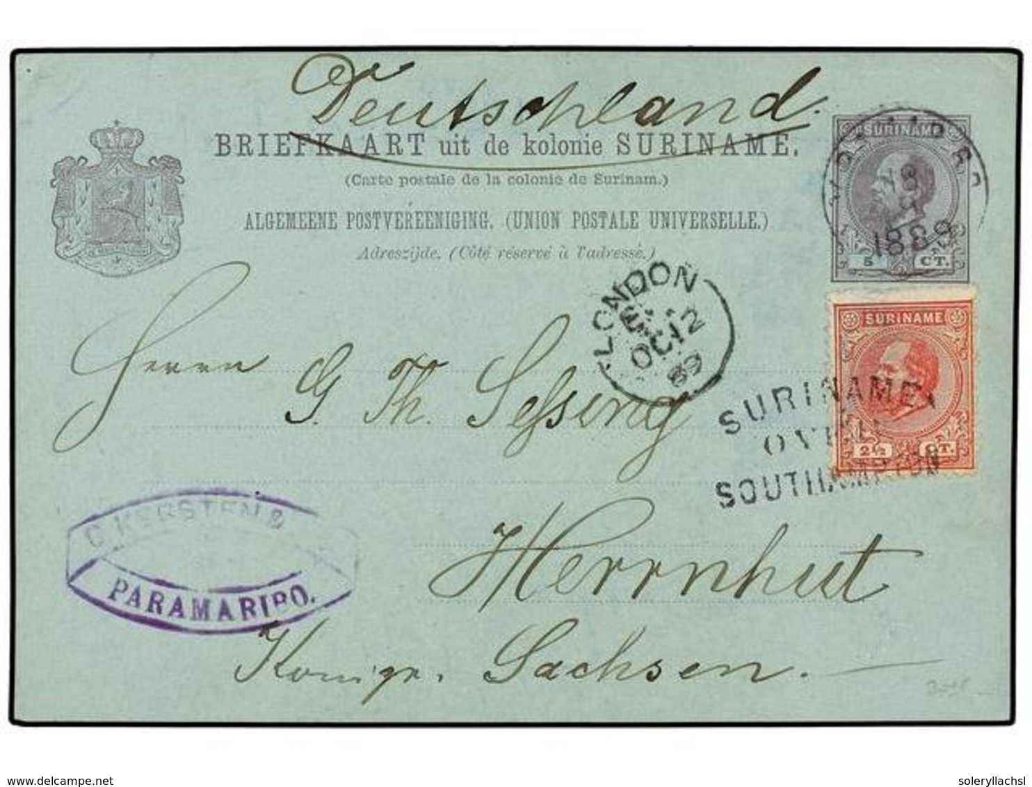 4380 SURINAM. 1889. PARAMARIBO To GERMANY. <B>5 Cts.</B> Lilac Card Uprated With <B>2 1/2 Cent. </B>stamp Cancelled By < - Sonstige & Ohne Zuordnung