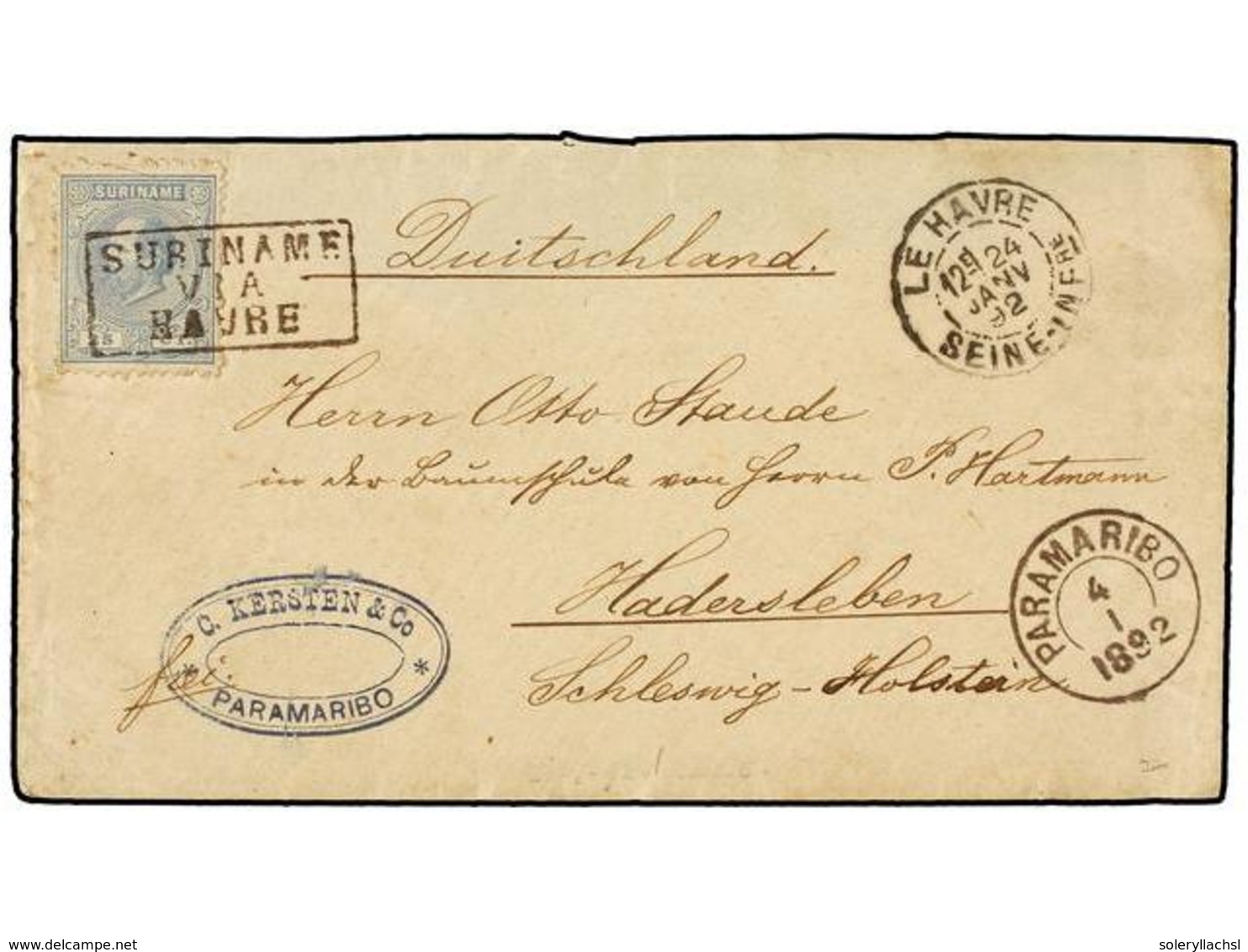 4381 SURINAM. 1892. PARAMARIBO To GERMANY. <B>25 Cents.</B> Grey Canceled By <B>SURINAME/VAI/HAVRE,</B> Rare Over The St - Other & Unclassified