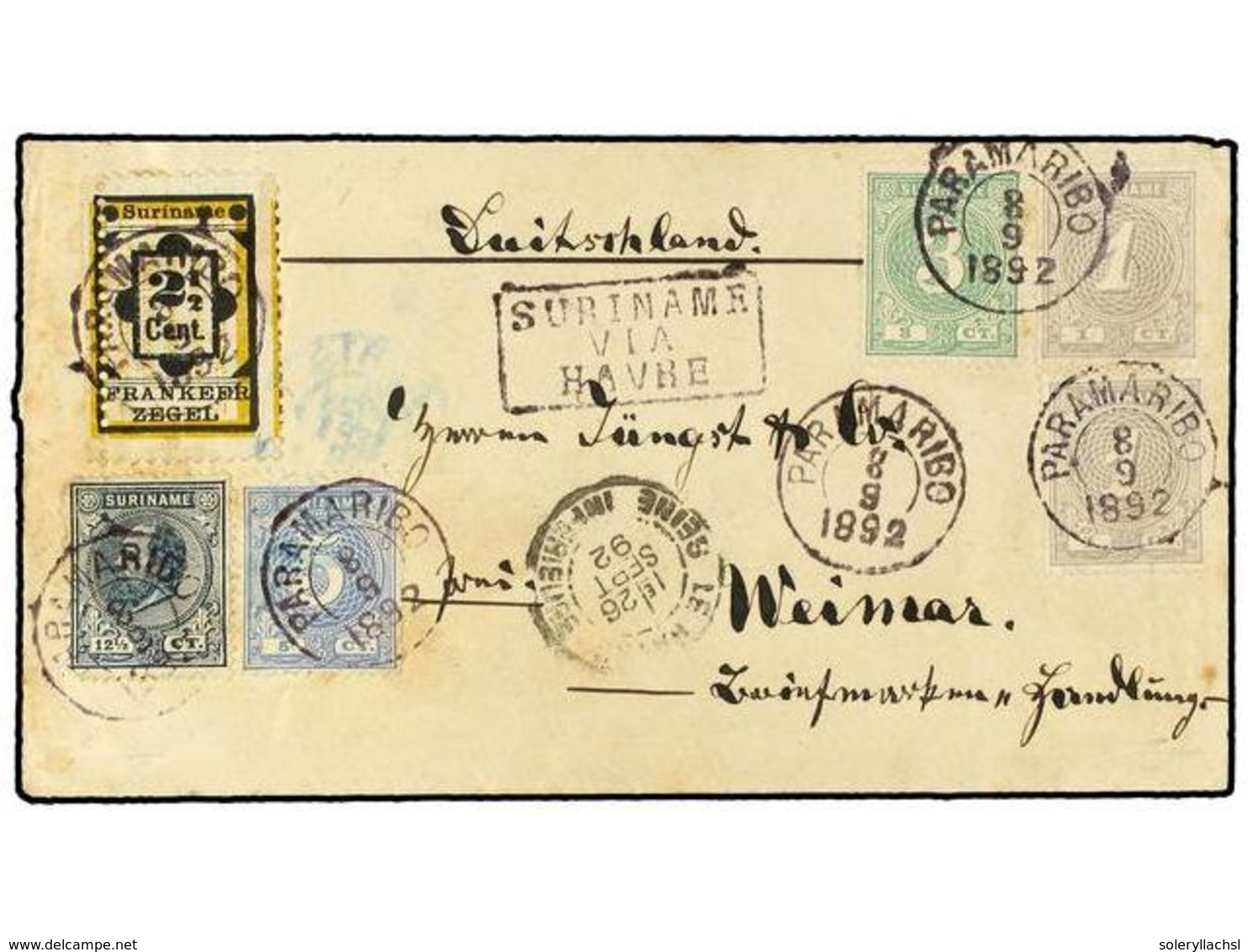 4382 SURINAM. 1892. Cover To GERMANY, Franked With Surinam <B>12 1/2c</B> Blue King William Issue, Two <B>1c</B> Grey, < - Sonstige & Ohne Zuordnung