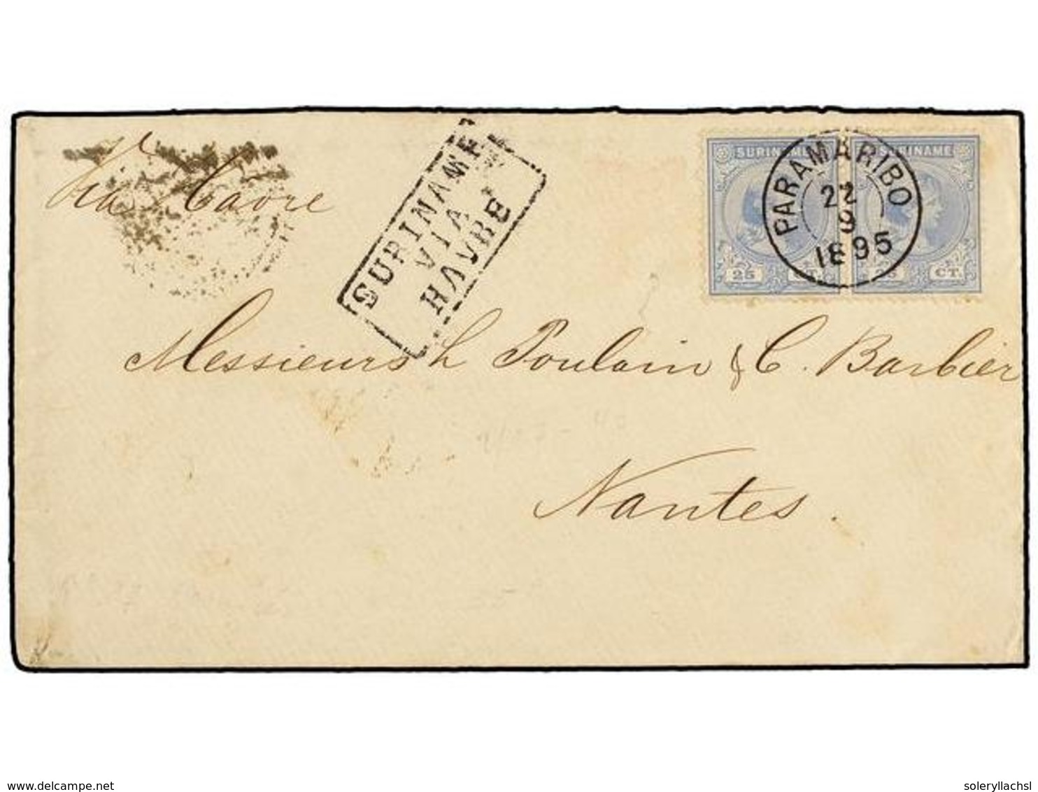 4385 SURINAM. 1895. PARAMARIBO A FRANCIA. <B>25 Cts.</B> Azul (2), Marca<B> SURINAME/VIA/HAVRE.</B> MAGNÍFICA. - Sonstige & Ohne Zuordnung