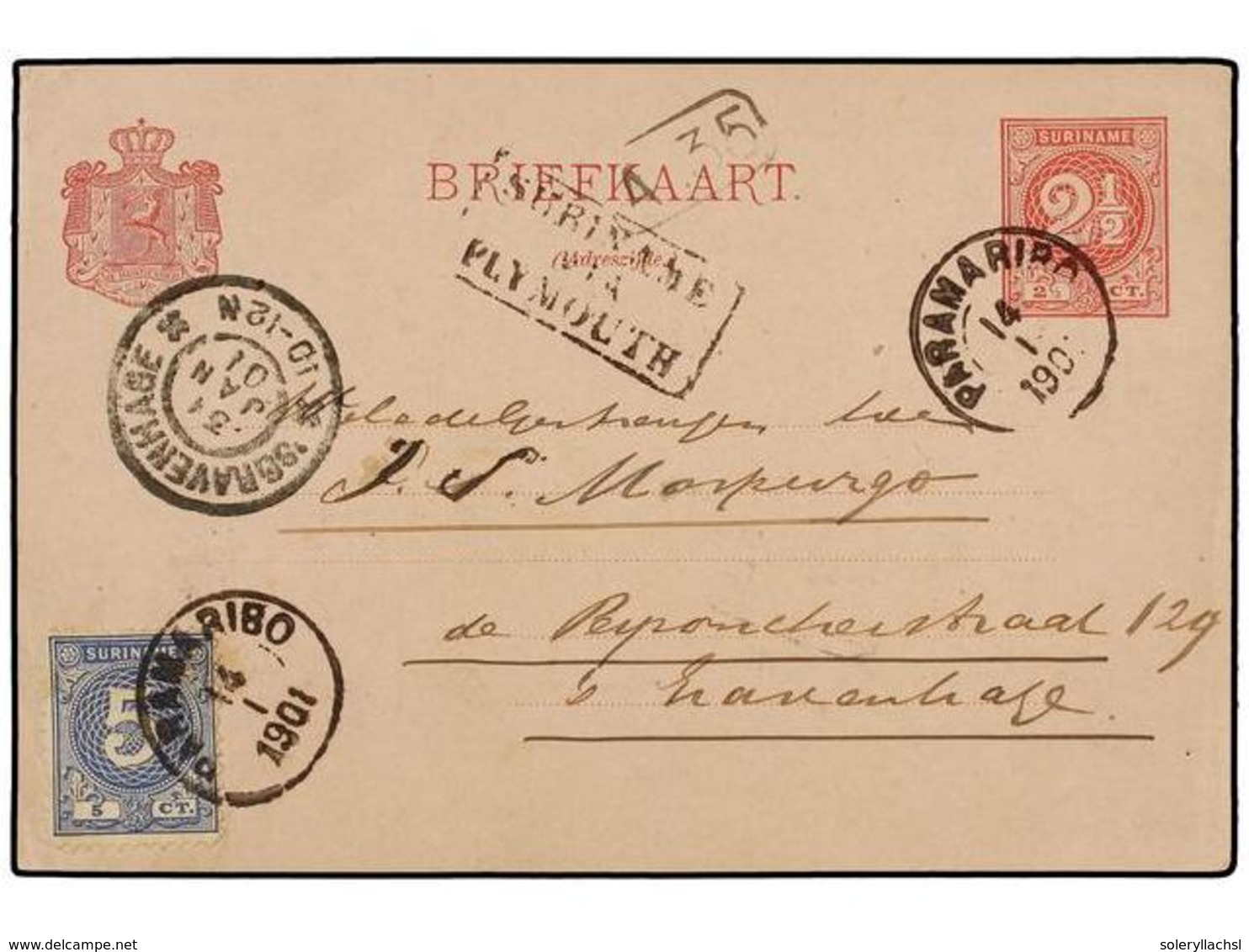 4387 SURINAM. 1901. PARAMARIBO A HOLANDA. Entero Postal De <B>2 1/2 Cent.</B> Rojo Con Franqueo Adicional De <B>5 Cts.</ - Sonstige & Ohne Zuordnung