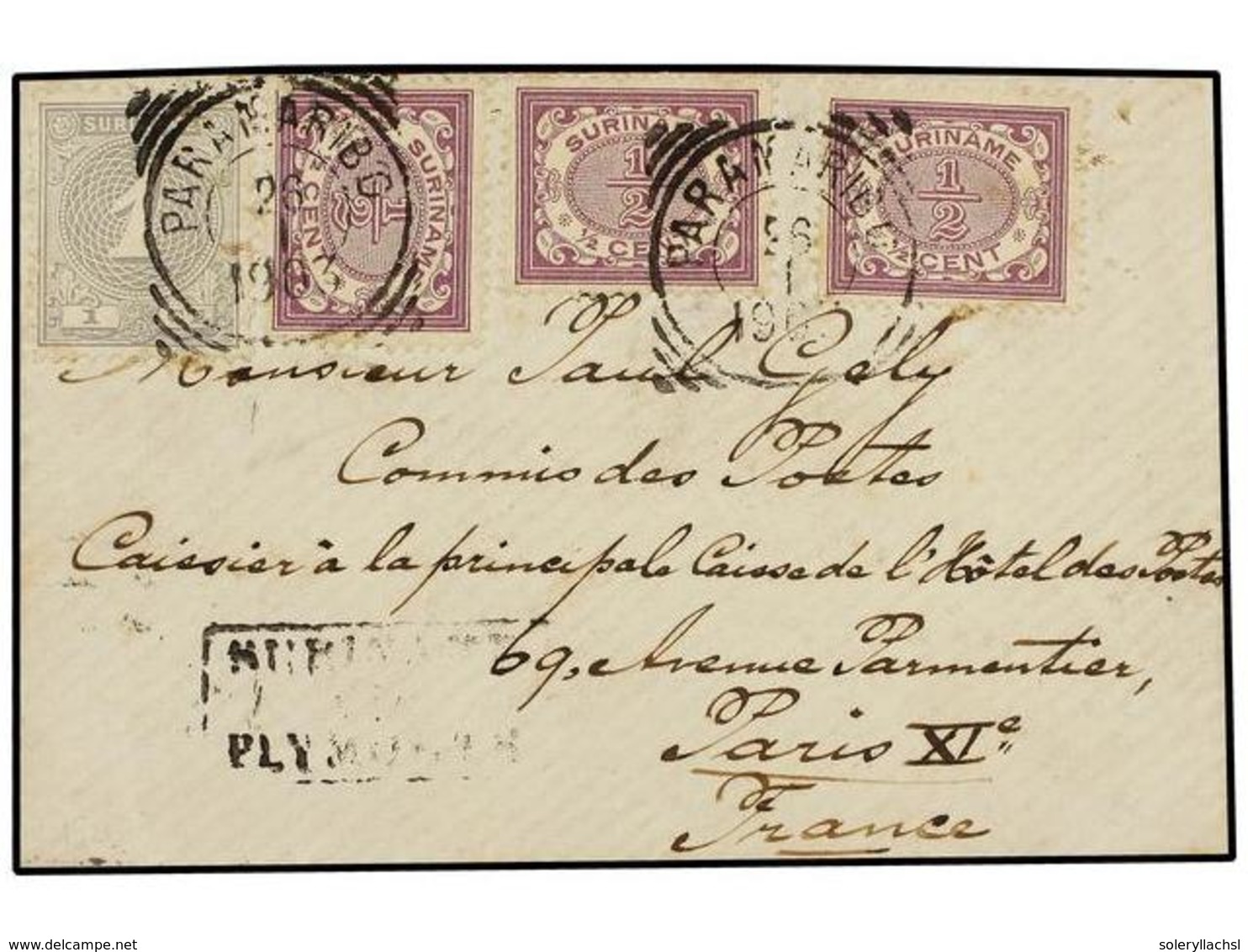 4389 SURINAM. 1903. PARAMARIBO A FRANCIA. <B>1/2  Cent.</B> Lila (3) Y <B>1 Cto.</B> Gris, Tarifa Especial Para Tarjetas - Other & Unclassified