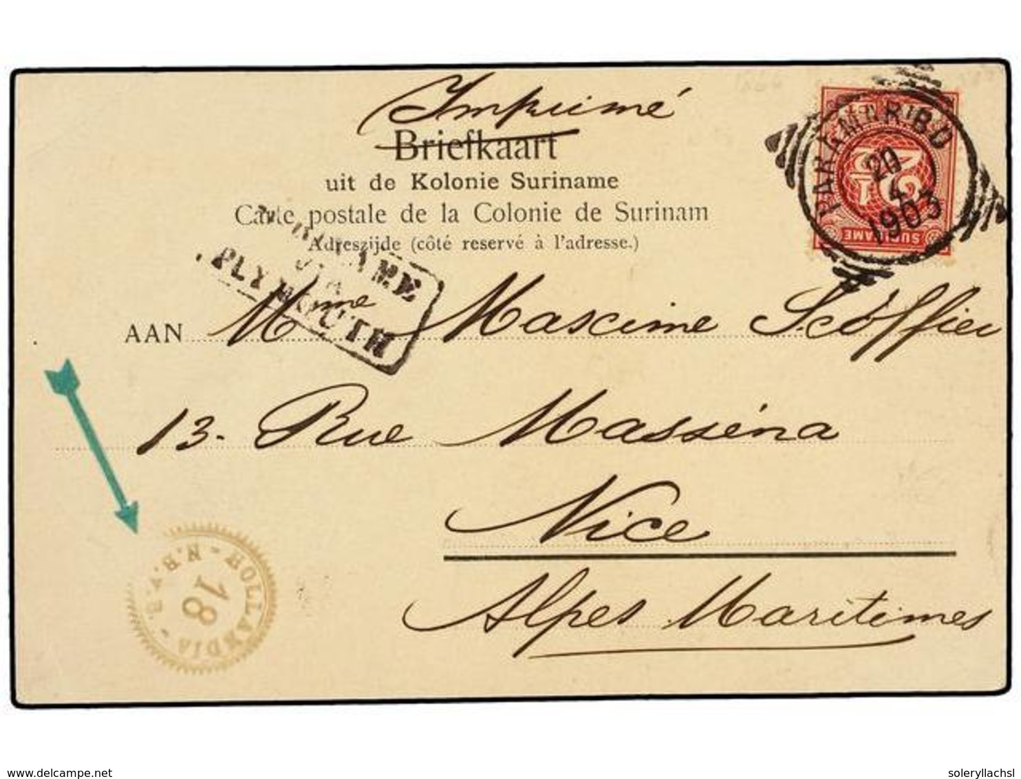 4390 SURINAM. 1903. PANAMARIBO A FRANCIA. <B>2 1/2 Cts.</B> Rojo, Marca <B>SURINAME/VIA/PLYMOUTH. </B> - Sonstige & Ohne Zuordnung