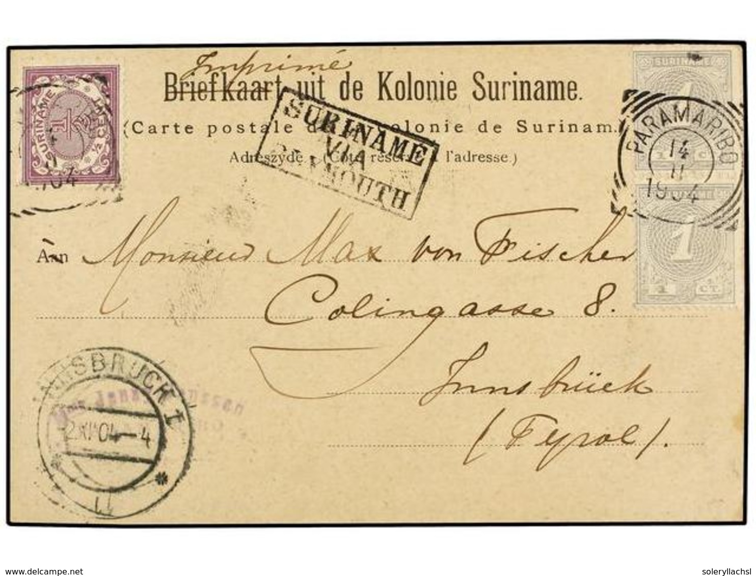 4391 SURINAM. 1904. PARAMARIBO A AUSTRIA. Tarjeta Postal Con Franqueo De <B>1/2 Cts.</B> Lila Y <B>1 Cto.</B> Gris (2) M - Sonstige & Ohne Zuordnung