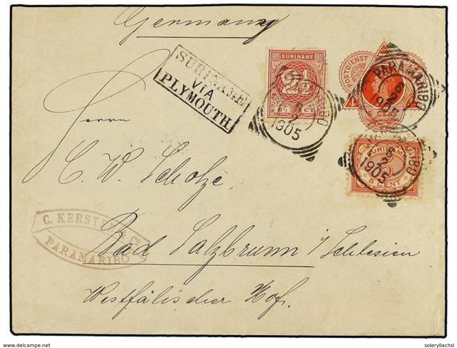 4392 SURINAM. 1905. PARAMARIBO A ALEMANIA. Entero Postal De <B>5 Cts.</B> Rojo Con Franqueo Adicional De <B>2 1/2 Cts.</ - Sonstige & Ohne Zuordnung