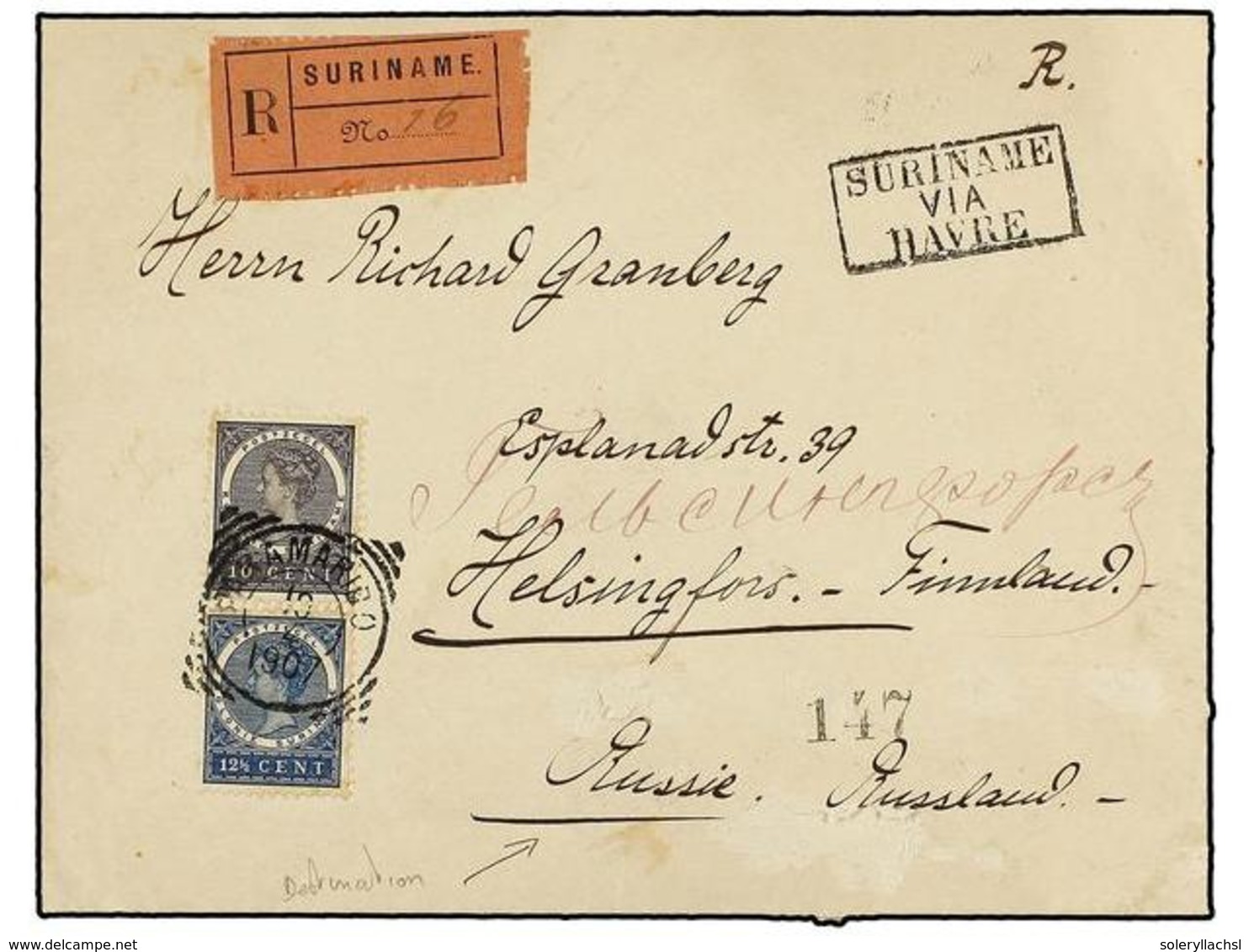 4394 SURINAM. 1907. PARAMARIBO A FINLANDIA. <B>10 Cts.</B> Lila Negro Y <B>12 1/2 Cent.</B> Azul<B>, </B>carta Certifica - Other & Unclassified
