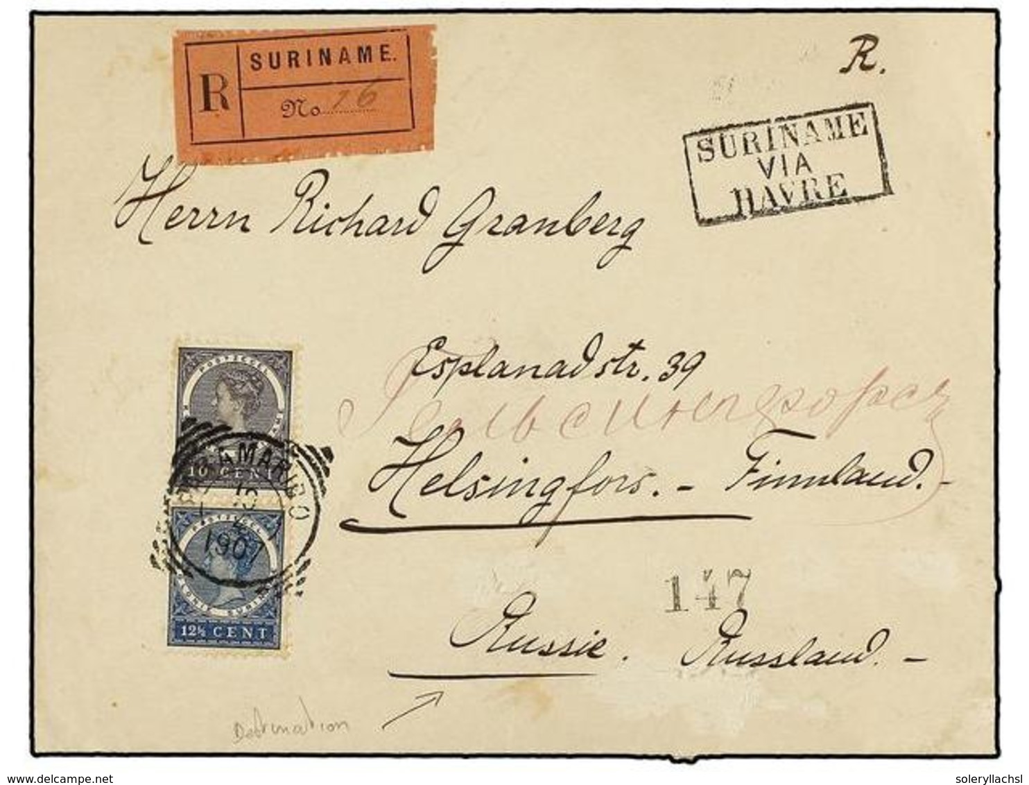 4394 SURINAM. 1907. PARAMARIBO A FINLANDIA. <B>10 Cts.</B> Lila Negro Y <B>12 1/2 Cent.</B> Azul<B>, </B>carta Certifica - Sonstige & Ohne Zuordnung