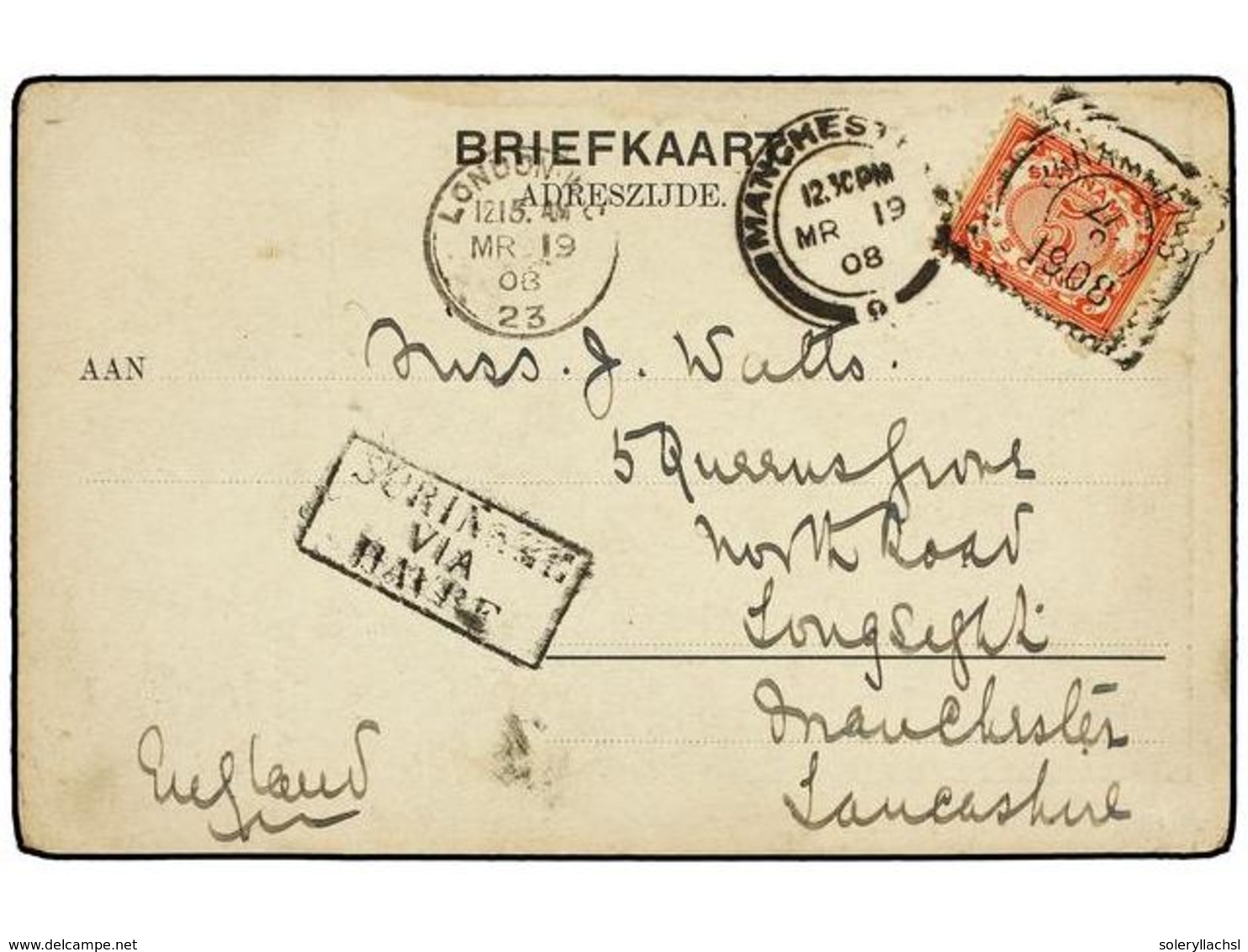 4395 SURINAM. 1908 (27 Febrero). PARAMARIBO A MANCHESTER (GB). Tarjeta Postal Con Franqueo De <B>5 Cts.</B> Rojo Y Marco - Other & Unclassified