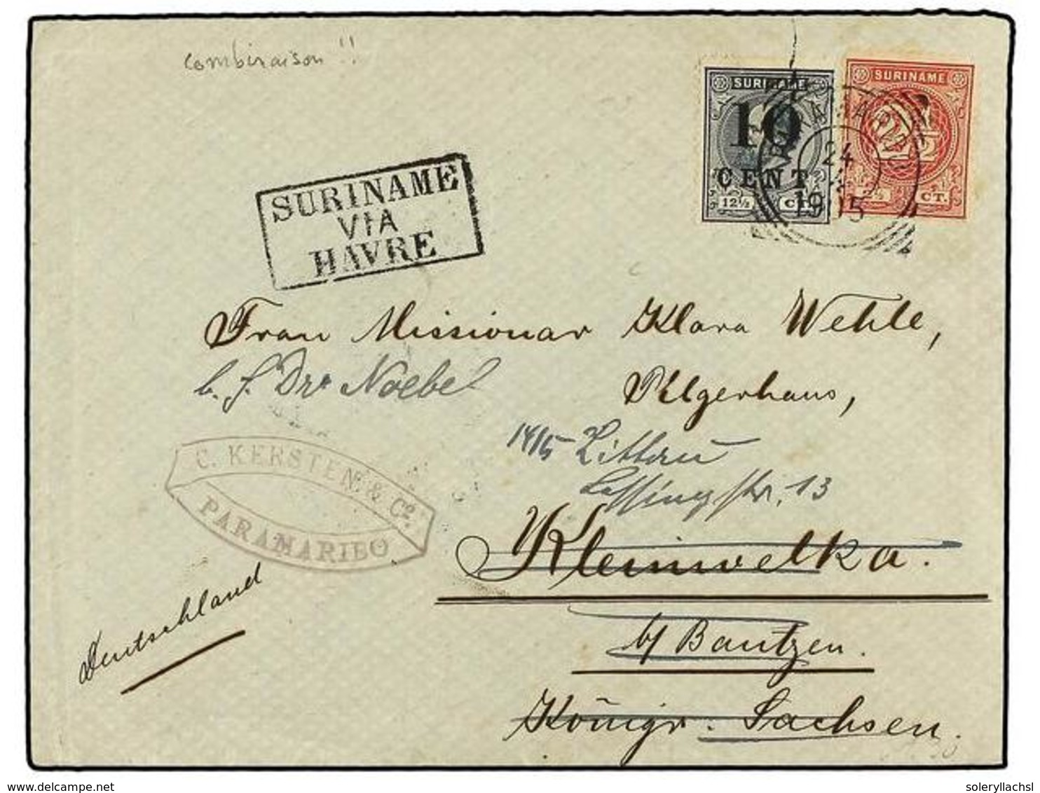 4396 SURINAM. 1915 (24 Abril). PARAMARIBO A ALEMANIA. <B>2 1/2 Cts.</B> Rojo<B> </B>(defecto En Esquina) Y <B>10 Cent. S - Other & Unclassified