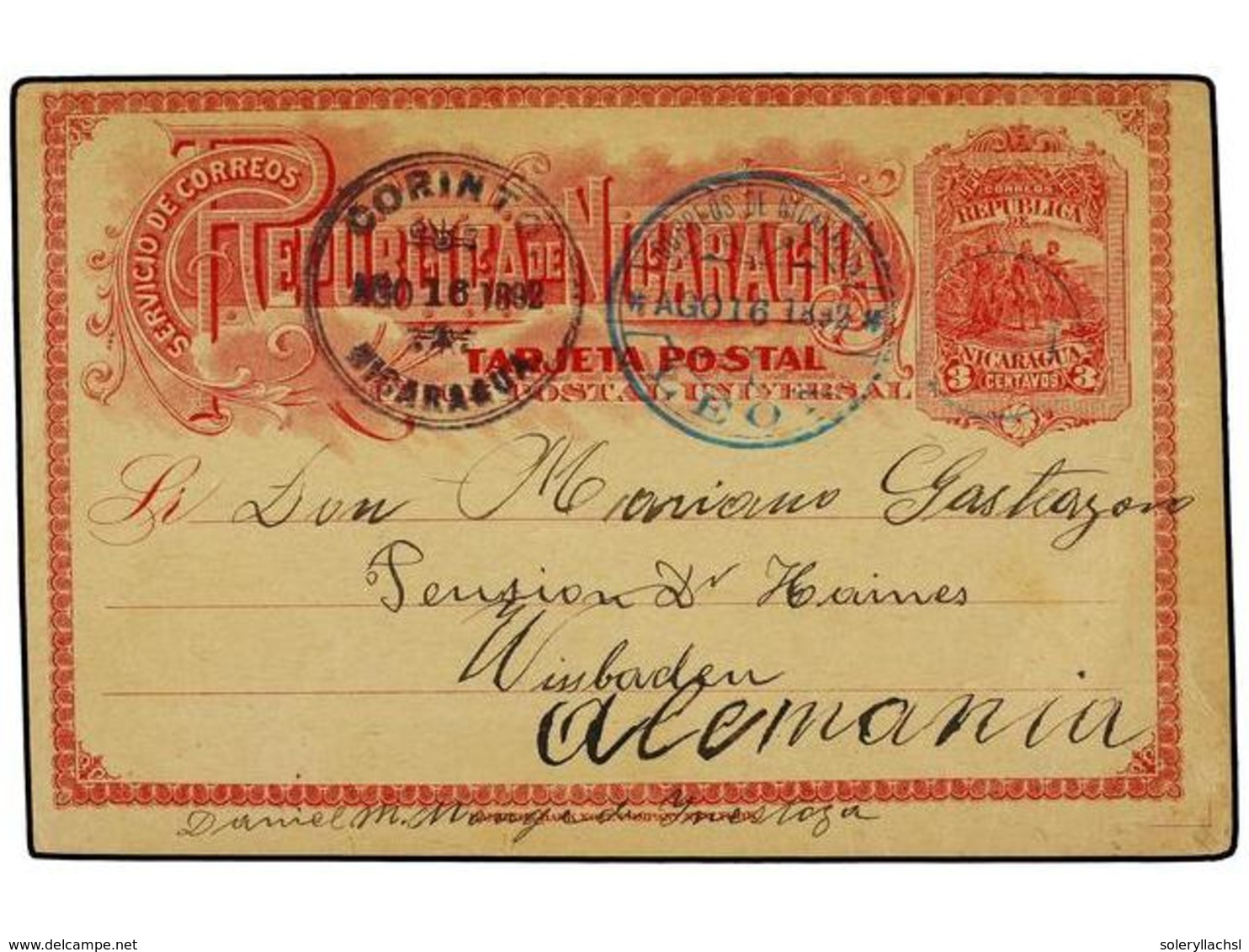 4402 NICARAGUA. 1892. LEÓN A ALEMANIA. Entero Postal De <B>3 Ctvos.</B> Rojo, Tránsito De Corinto En Anverso. - Other & Unclassified