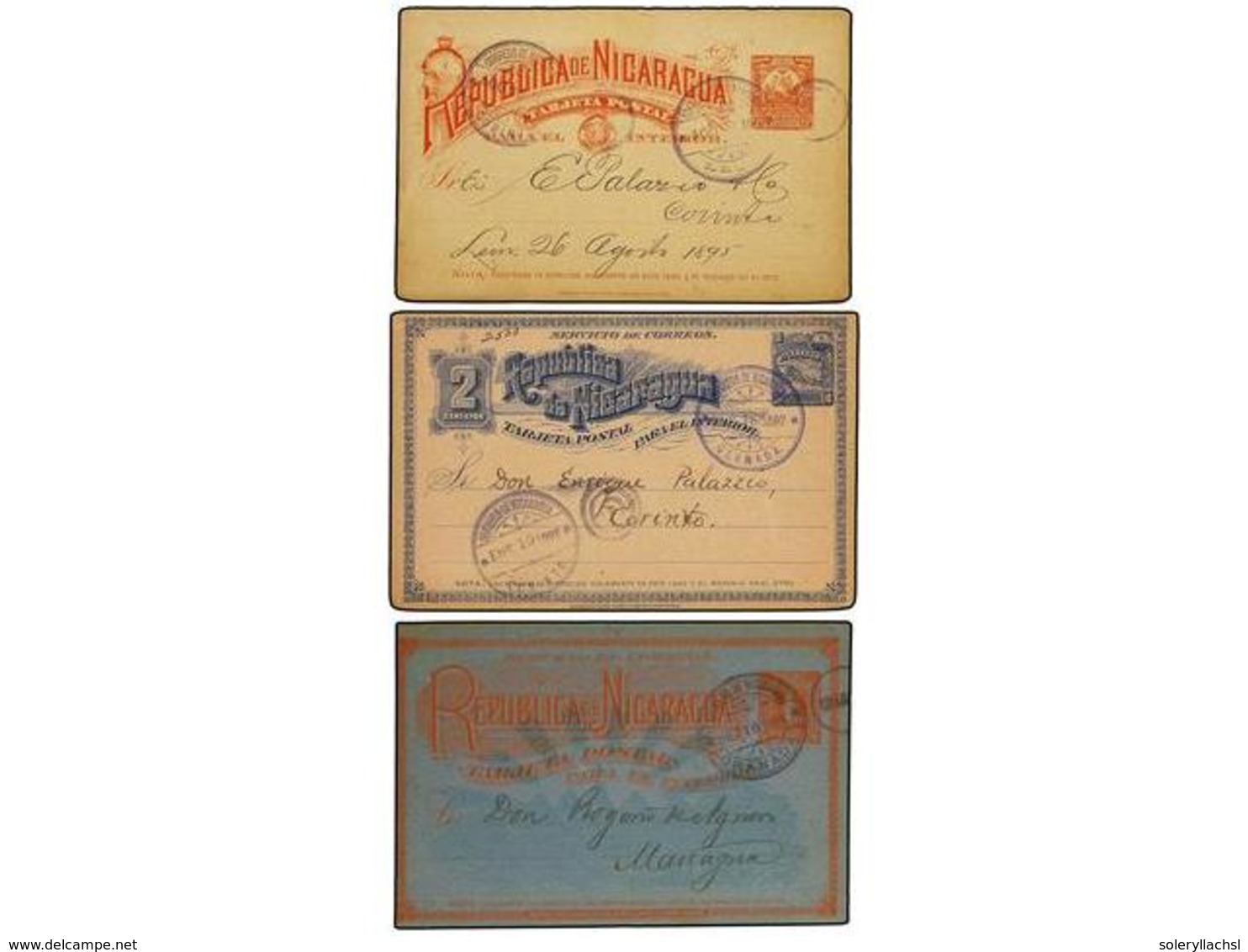 4404 NICARAGUA. 1894-98. Tres Enteros Postales De <B>2 Ctvos.</B> Azul. S Rosa, Rojo S. Crema, Rojo S. Azul, Circulados  - Other & Unclassified