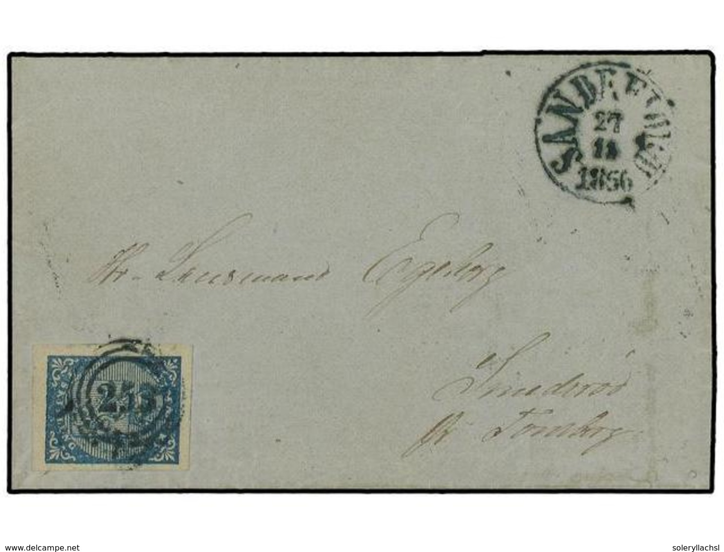 4416 NORUEGA. 1856 (Nov 27). Cover To Sinderod, Near Tonsberg Franked By Very Fine 1855 <B>4sk</B>. Blue Tied By <B>'253 - Other & Unclassified