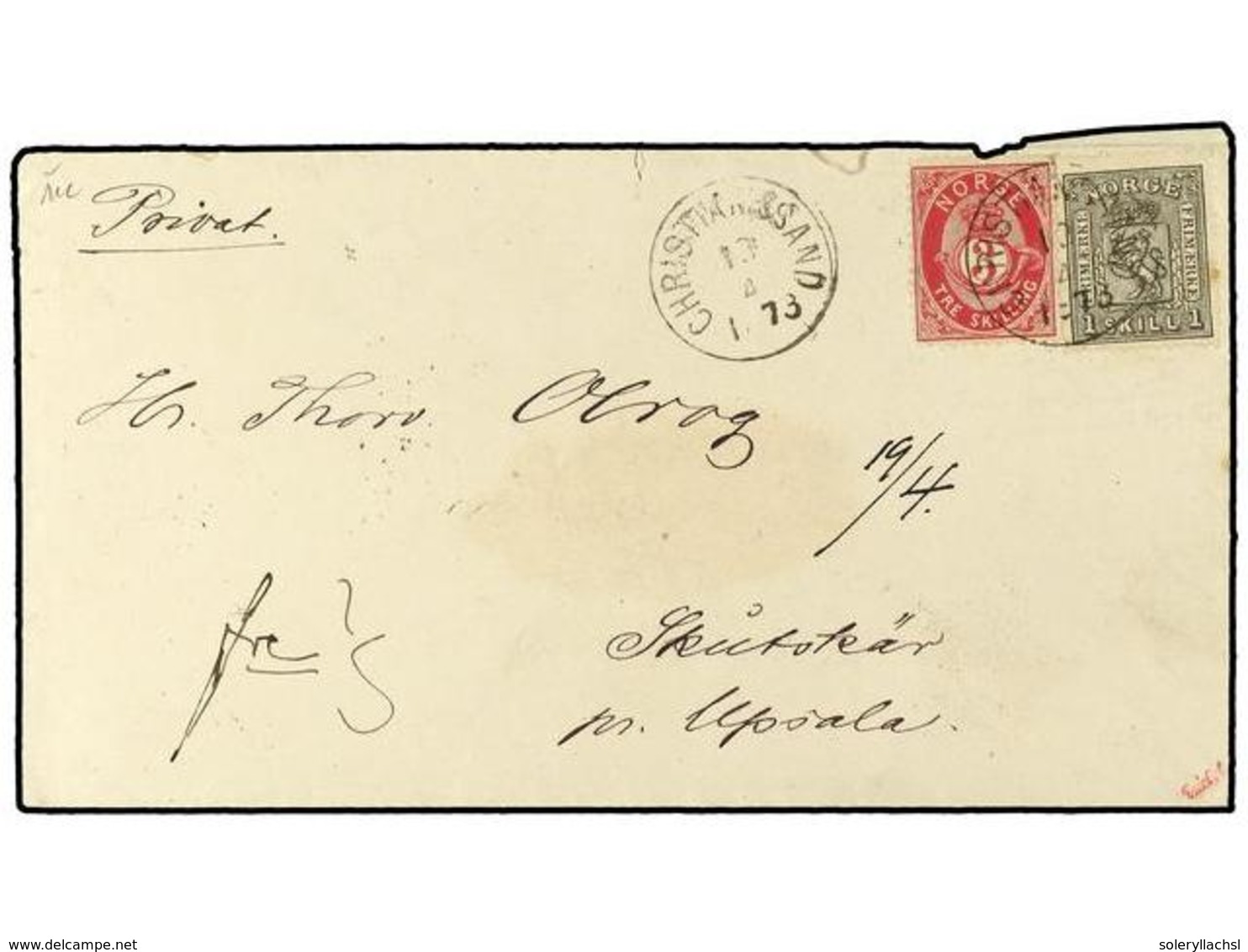 4423 NORUEGA. 1873. Cover To UPSALA, With Mixed Issue Franking Of <B>1868 1 Sk.</B> And <B>1871</B> Posthorn <B>3 Sk.</B - Other & Unclassified