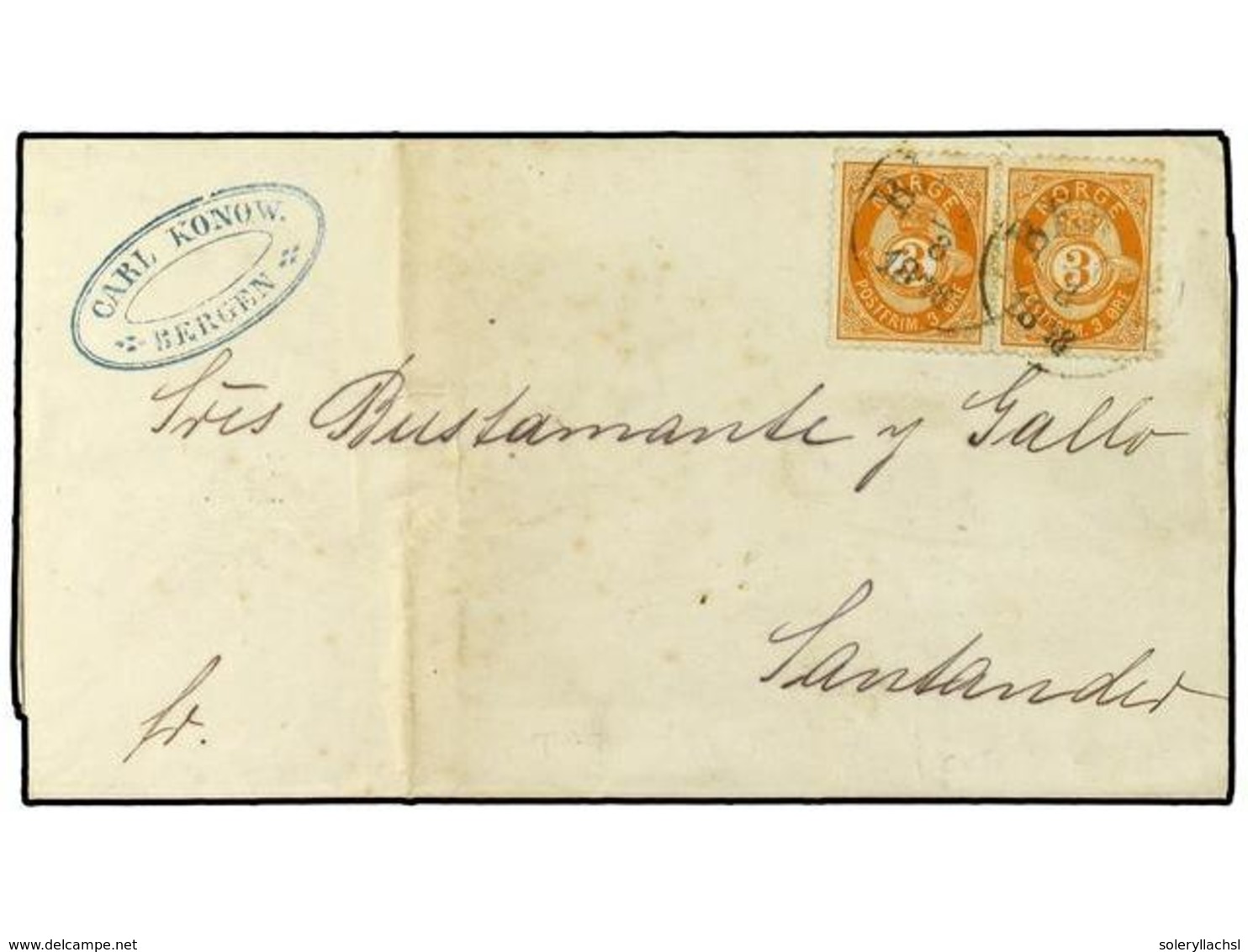 4424 NORUEGA. 1878. Printed Matter Rate Envelope To Spain Bearing <B>3 Ore</B> Orange (pair) (Facit 23) Tied By <B>BERGE - Sonstige & Ohne Zuordnung