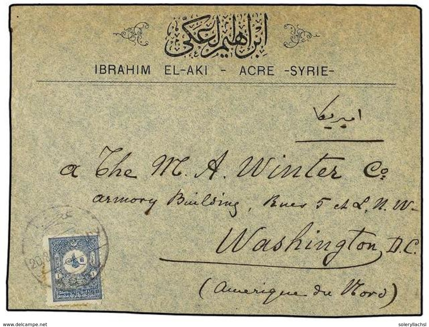 4433 PALESTINA. 1905. <B>PALESTINE. </B>Cover Bearing <B>1 Piastra</B> Tied By Bilingual <B>ACRE</B> Cancellation To WAS - Other & Unclassified