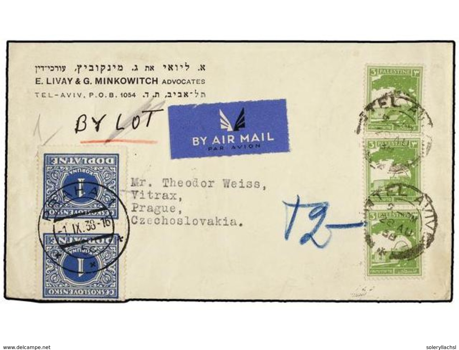 4436 PALESTINA. 1938. TEL AVID A PRAGA (Checoslovaquia). <B>3 Cts.</B> Verde Amarillo (3) Tasada A La Llegada Con Sellos - Sonstige & Ohne Zuordnung