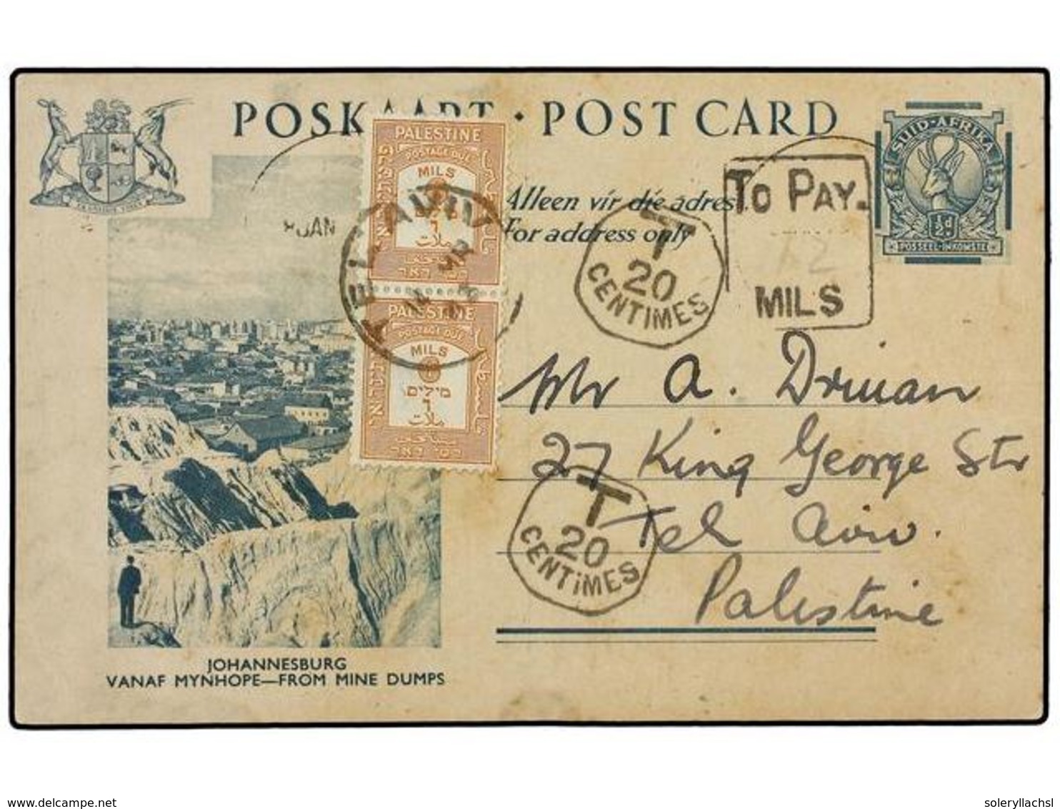 4437 PALESTINA. 1943. SOUTH AFRICA To TEL AVIV. <B>1/2d.</B> Picture Postal Stationery Card (Mining) To TEL AVIV With Fr - Other & Unclassified