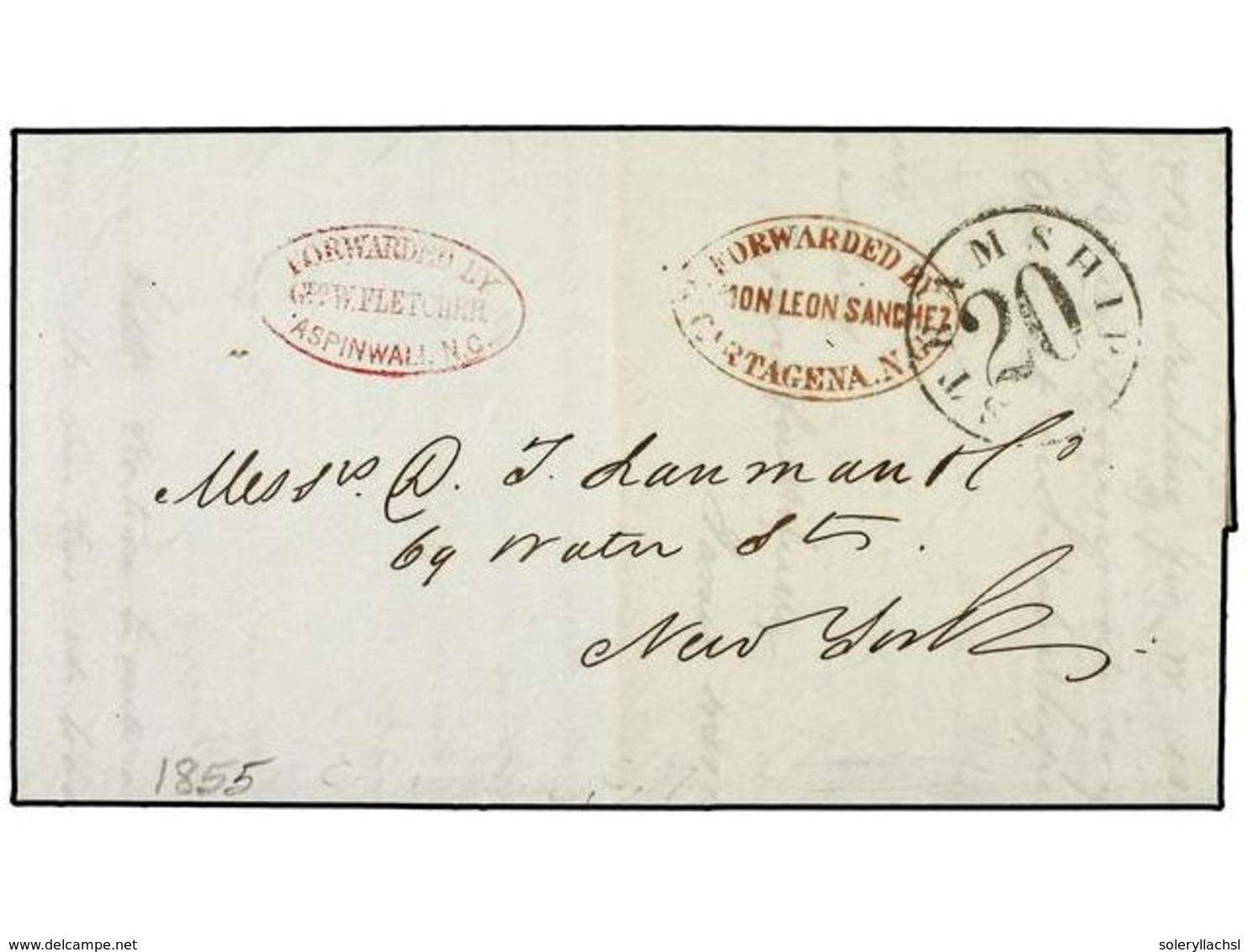 4445 PANAMA. 1855. BARRANQUILLA (Colombia) A NEW YORK. Marcas <B>FORWARDED BY/GEO. W. FLETCHER/ASPINWALL N.G.</B> Y <B>F - Other & Unclassified