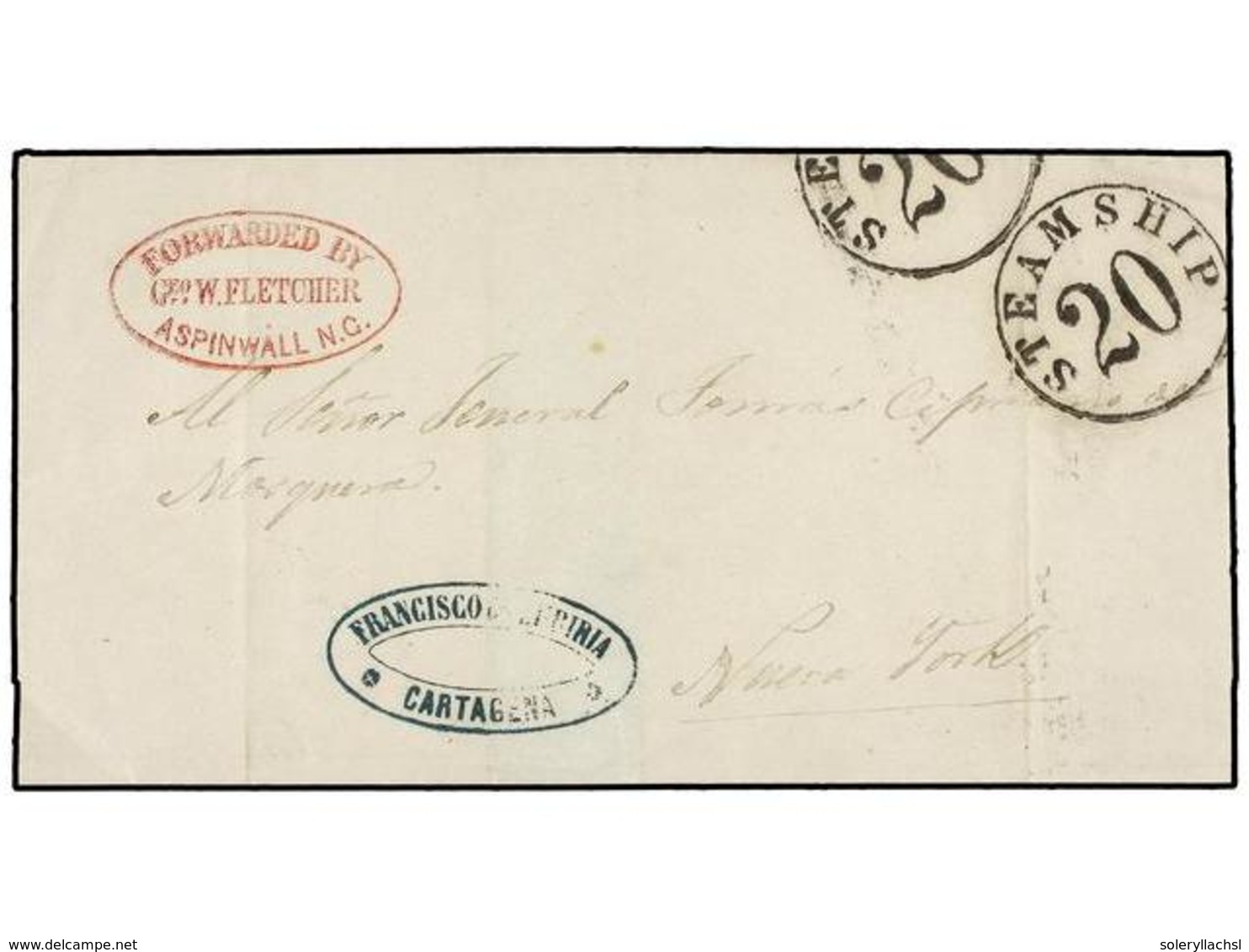 4448 PANAMA. 1859. CARTAGENA (Colombia) A NEW YORK. Encaminada Vía Panamá <B>GEO. W. FLETCHER/ASPINWALL.</B> - Sonstige & Ohne Zuordnung