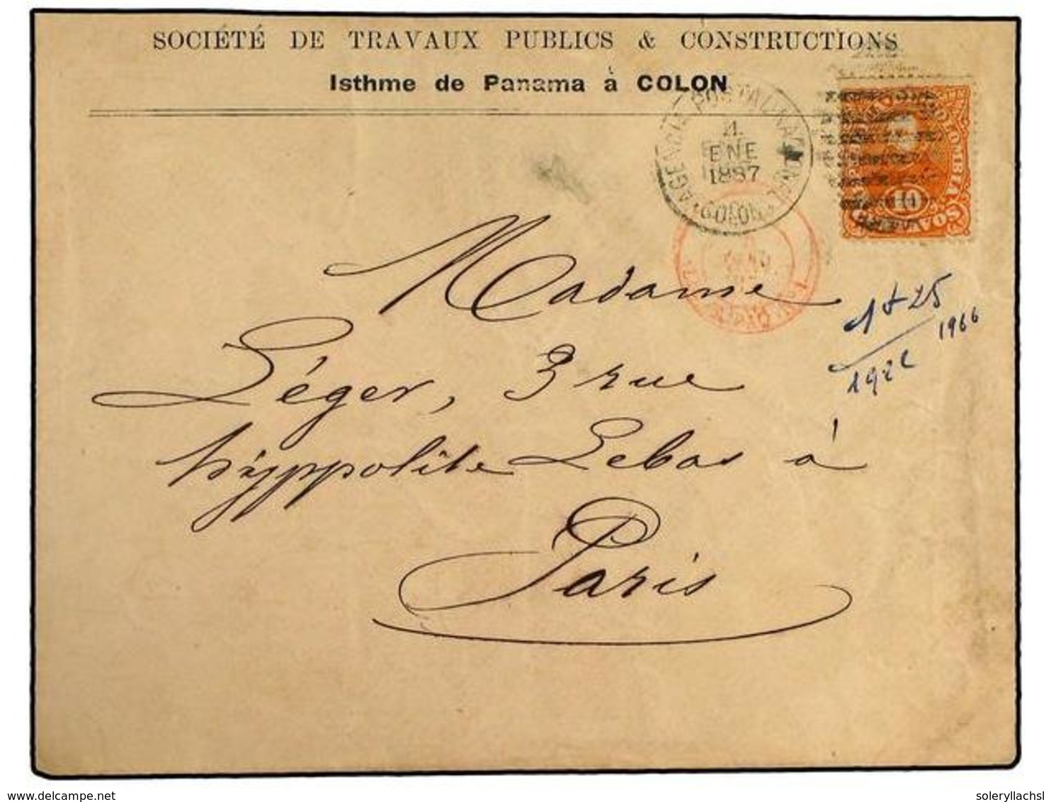 4461 PANAMA. 1887 (4-Enero). <B>PERIODO FRANCES.</B> Sobre De La Sociétè Des Travaux Publics, Isthme De Panama A COLON C - Sonstige & Ohne Zuordnung