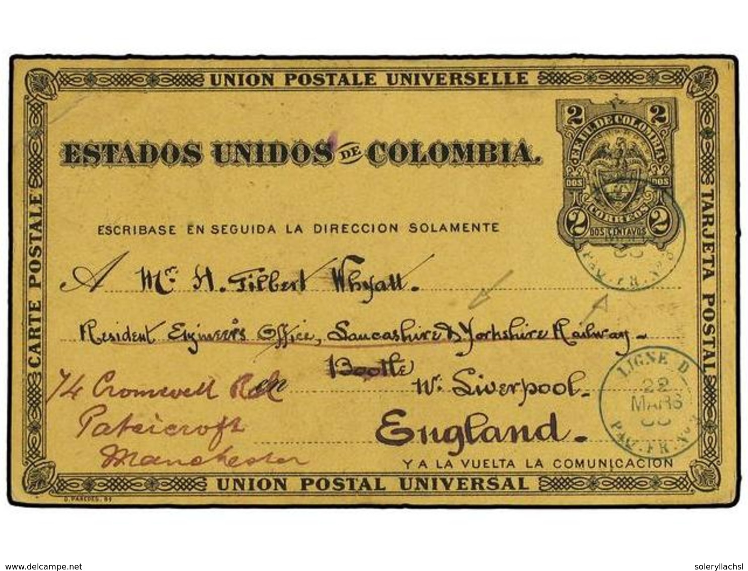 4463 PANAMA. 1888 (March 22). <B>2c.+ 2c.</B> Black On Deep Yellow Stationery Cards Used From COLON To UK Cancelled By T - Sonstige & Ohne Zuordnung