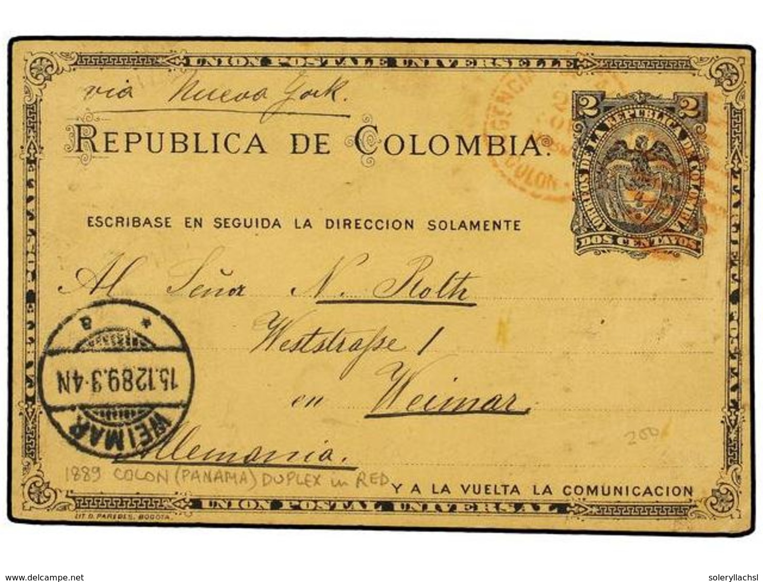 4464 PANAMA. 1889. COLON A ALEMANIA. Entero Postal De Colombia De <B>2 Ctvos.</B>, Mat. Dúplex De <B>COLON</B> En ROJO,  - Sonstige & Ohne Zuordnung