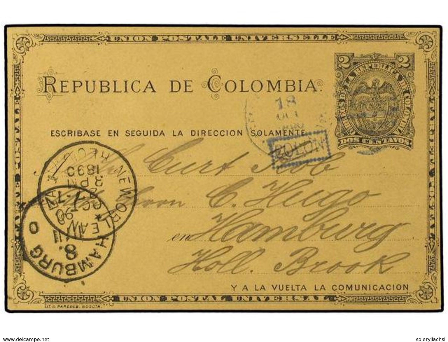 4465 PANAMA. 1890 (Oct 18). <B>2c</B>. Black On Buff Stationery Card Of 1887, Used To Hamburg Cancelled By Framed <B>'CO - Sonstige & Ohne Zuordnung