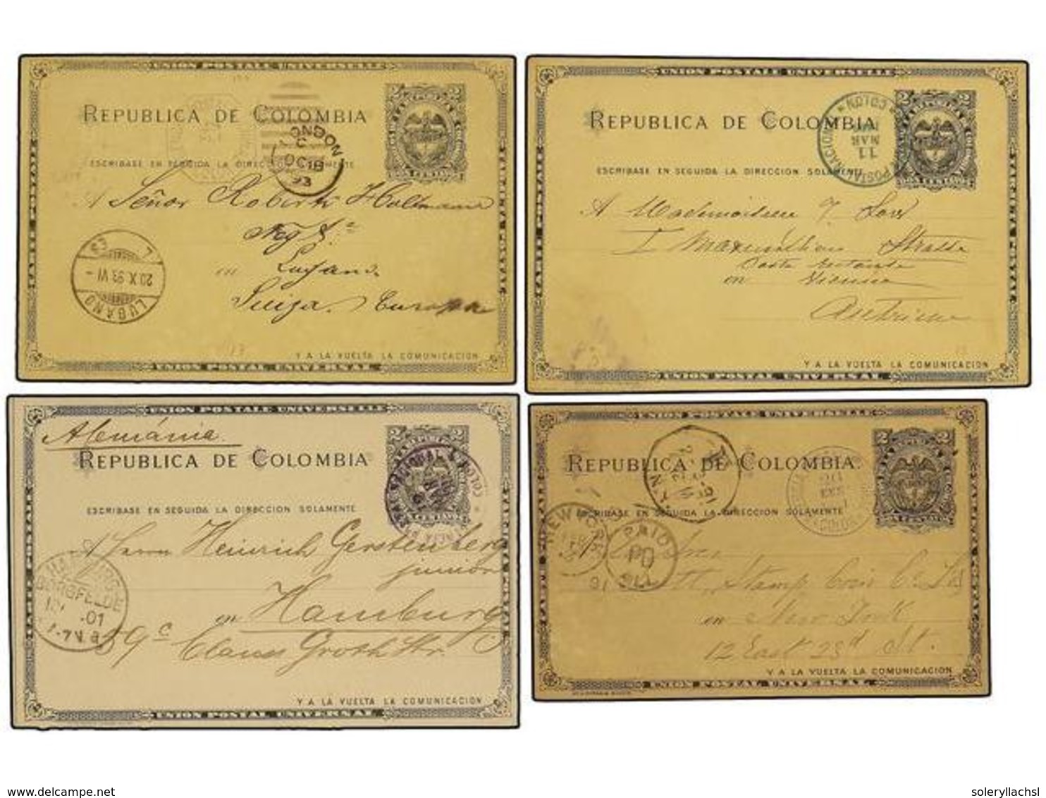 4466 PANAMA. 1891-1901. Cuatro Enteros Postales De COLOMBIA<B> </B>de<B> 2 Ctvos.</B> Circulados A Europa Y USA Con Canc - Sonstige & Ohne Zuordnung