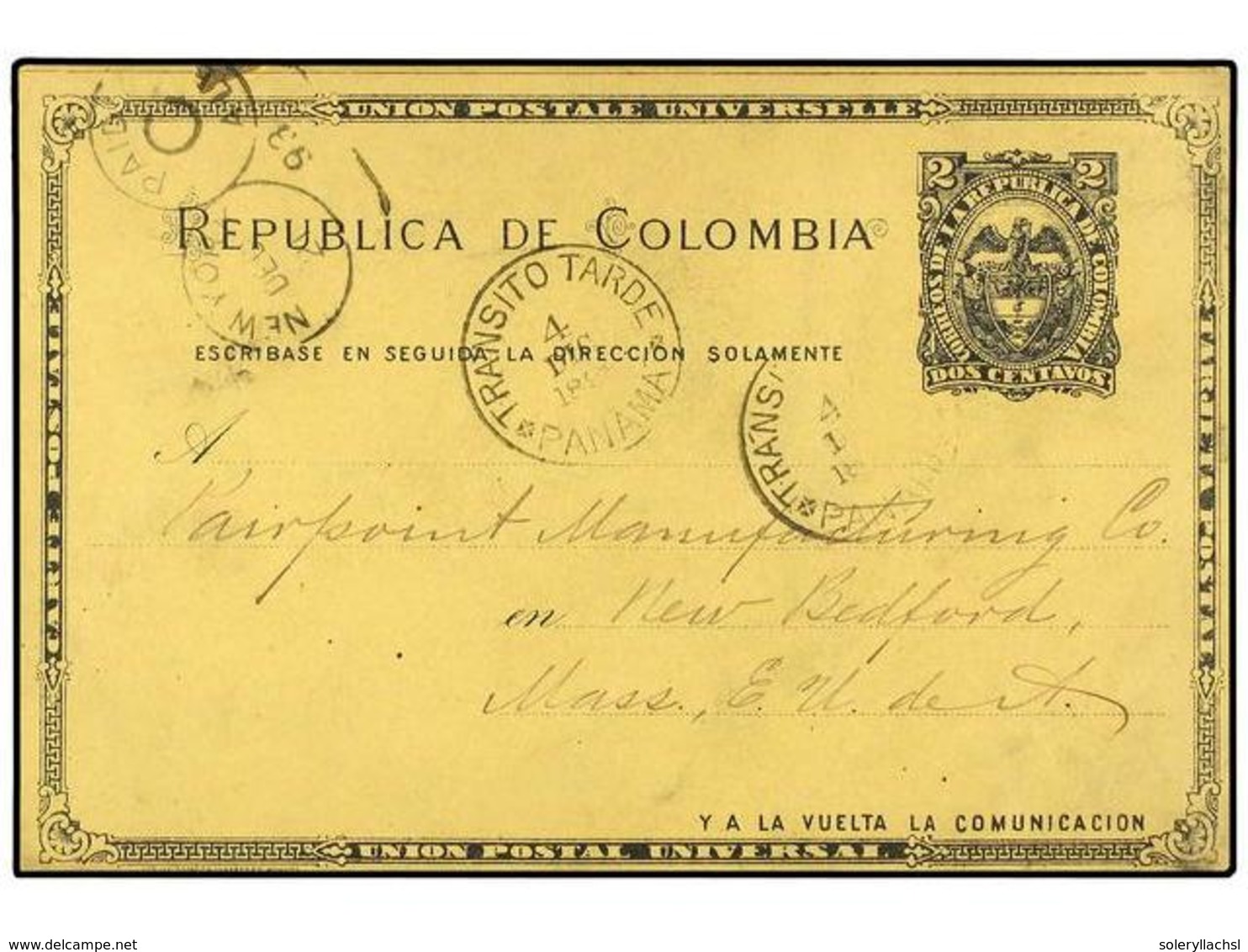 4468 PANAMA. 1893. NOVITA (Colombia) A USA. Entero Postal De <B>2 Ctvos.</B> Fechador <B>TRANSITO TARDE/PANAMA. </B> - Sonstige & Ohne Zuordnung