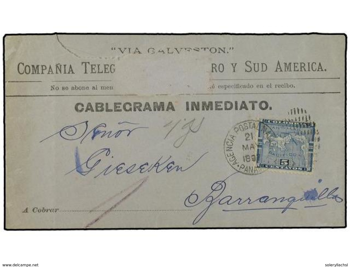 4472 PANAMA. 1895. PANAMA A BARRANQUILLA. Sobre De La COMPAÑIA TELEGRAFICA DE CENTRO Y SUD AMERICA Circulado Con Sello D - Other & Unclassified